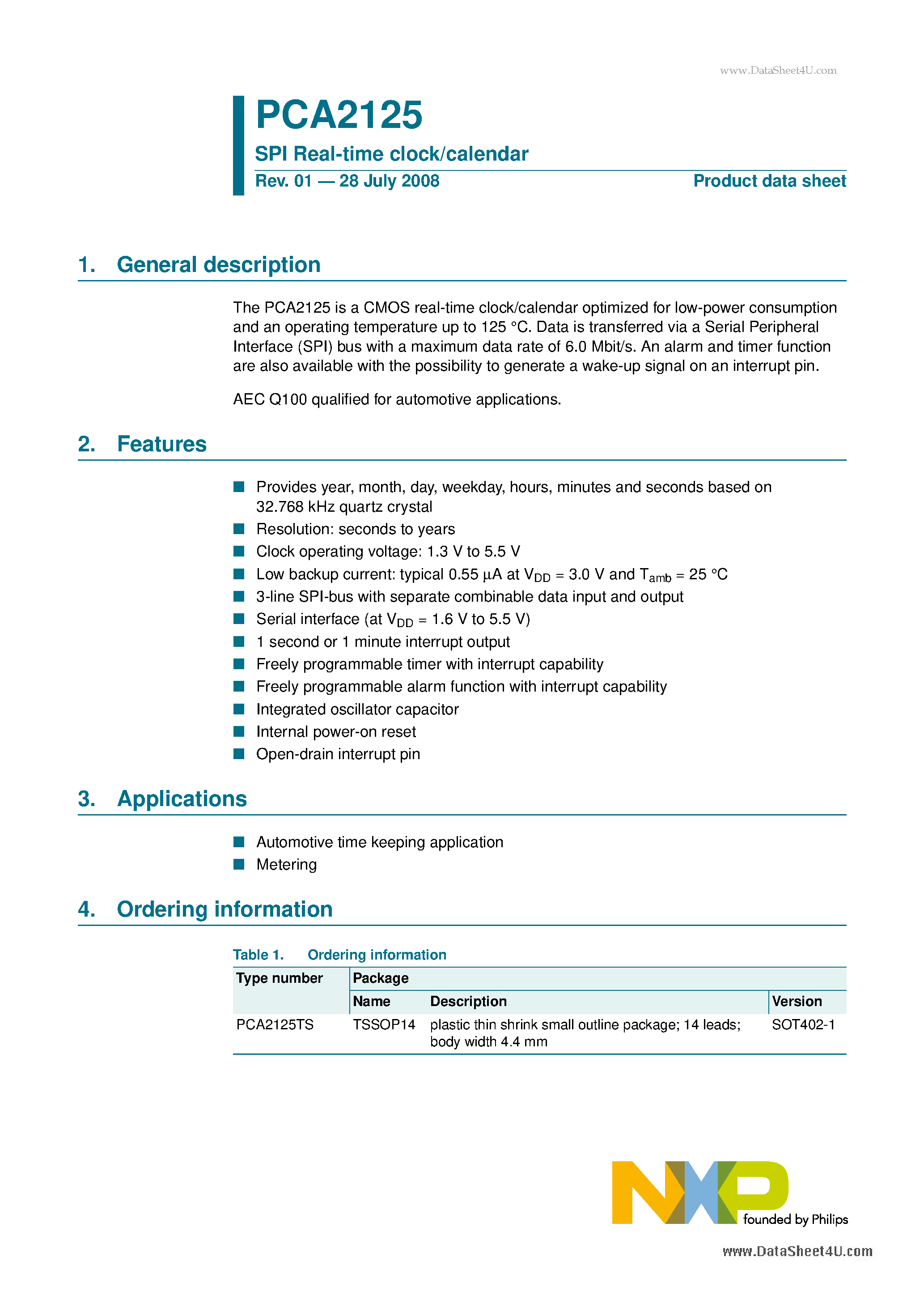Datasheet PCA2125 - SPI Real-time clock/calendar page 1