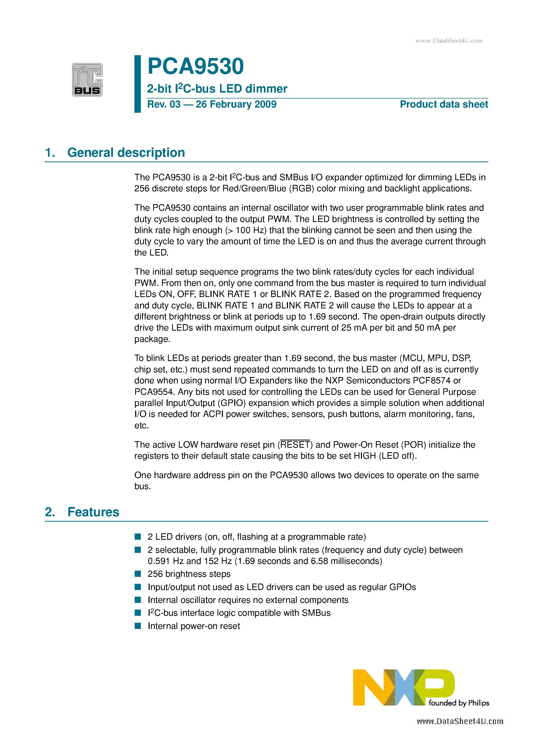 Datasheet PCA9530 - 2-bit I2C-bus LED dimmer page 1