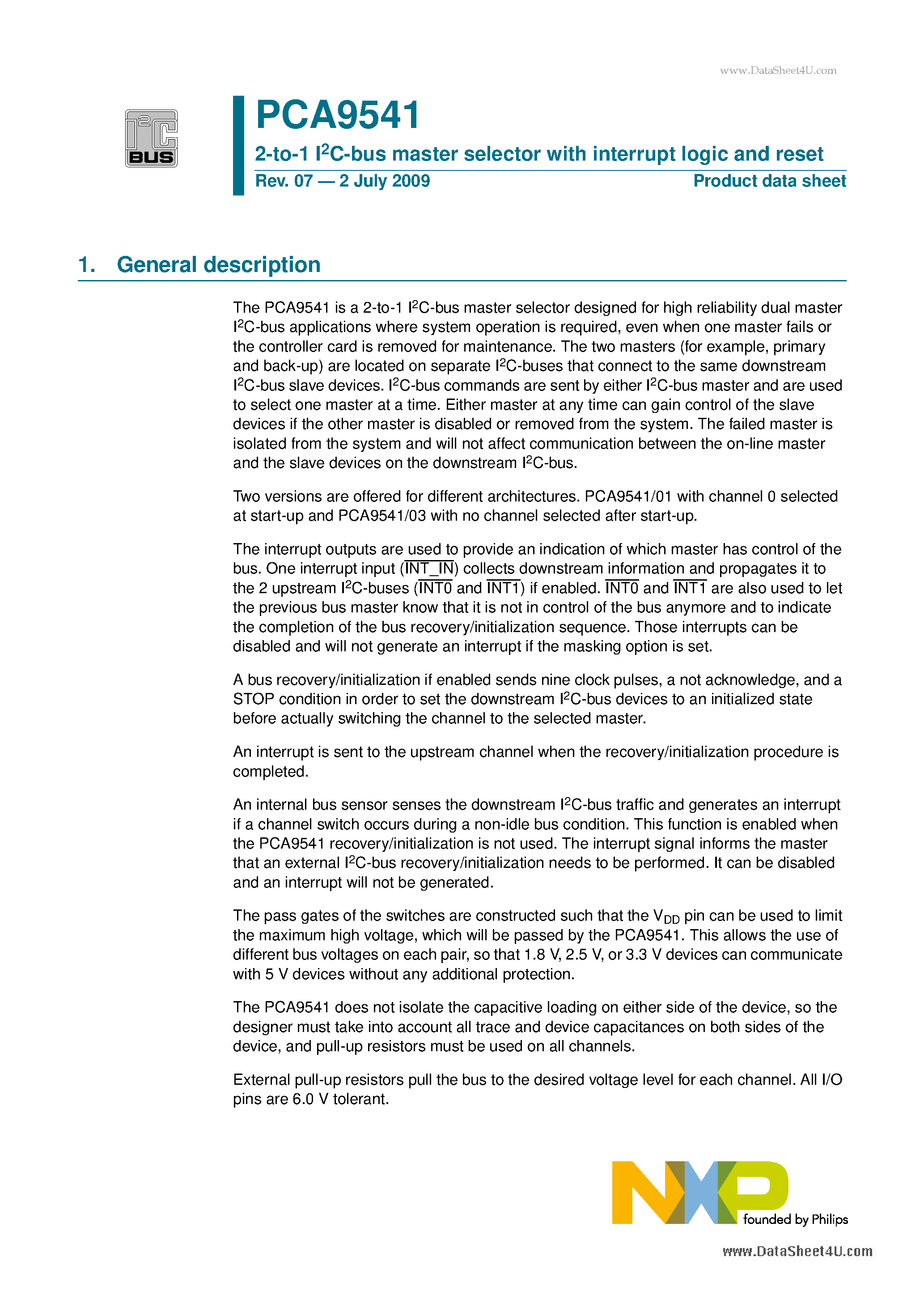 Datasheet PCA9541 - 2-to-1 I2C-bus master selector page 1