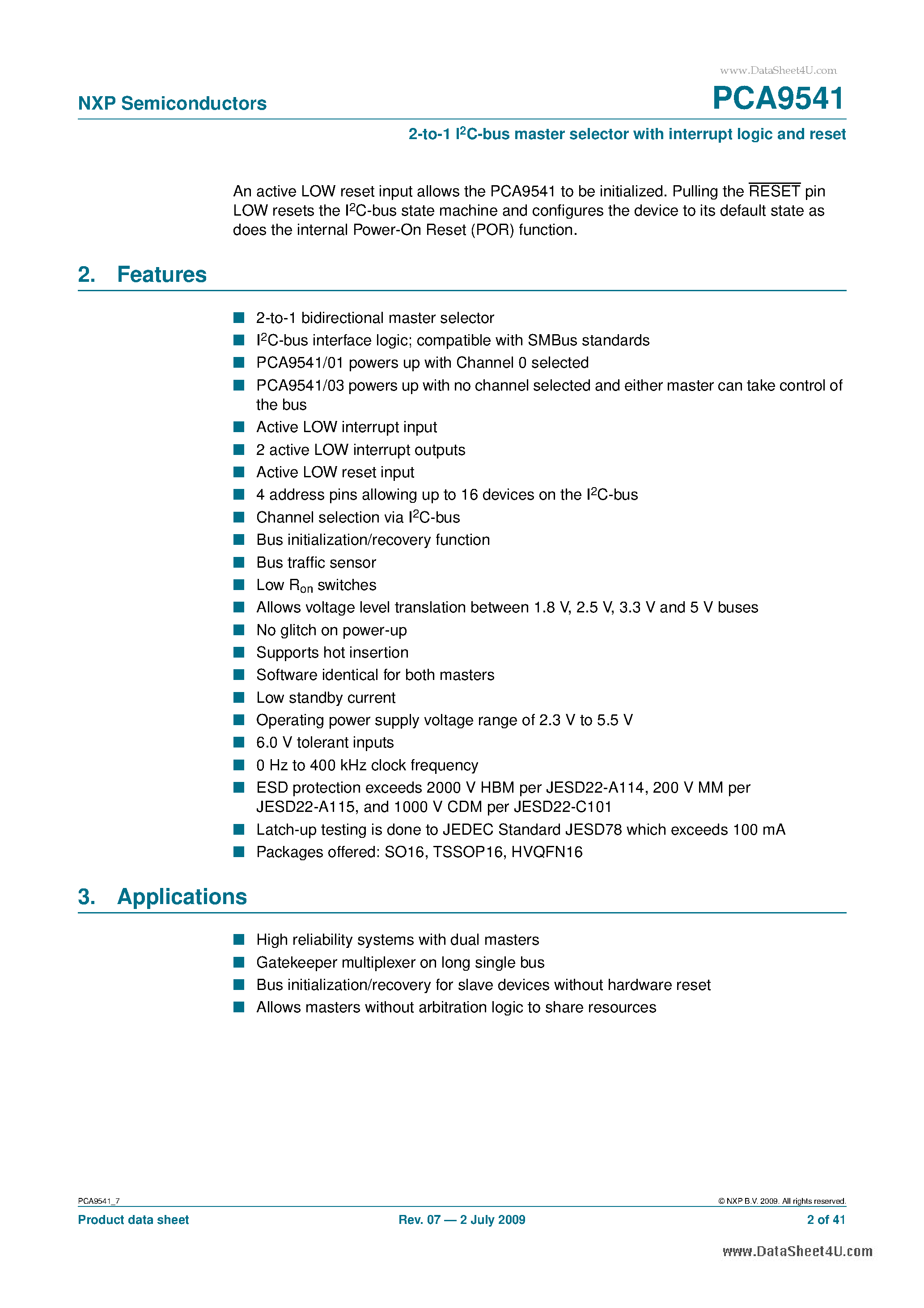 Datasheet PCA9541 - 2-to-1 I2C-bus master selector page 2