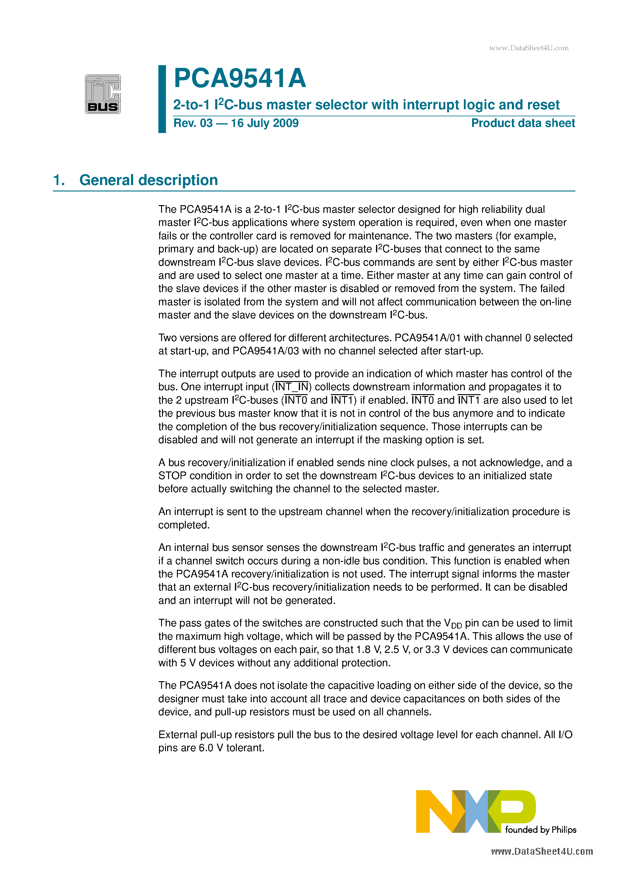 Datasheet PCA9541A - 2-to-1 I2C-bus master selector page 1