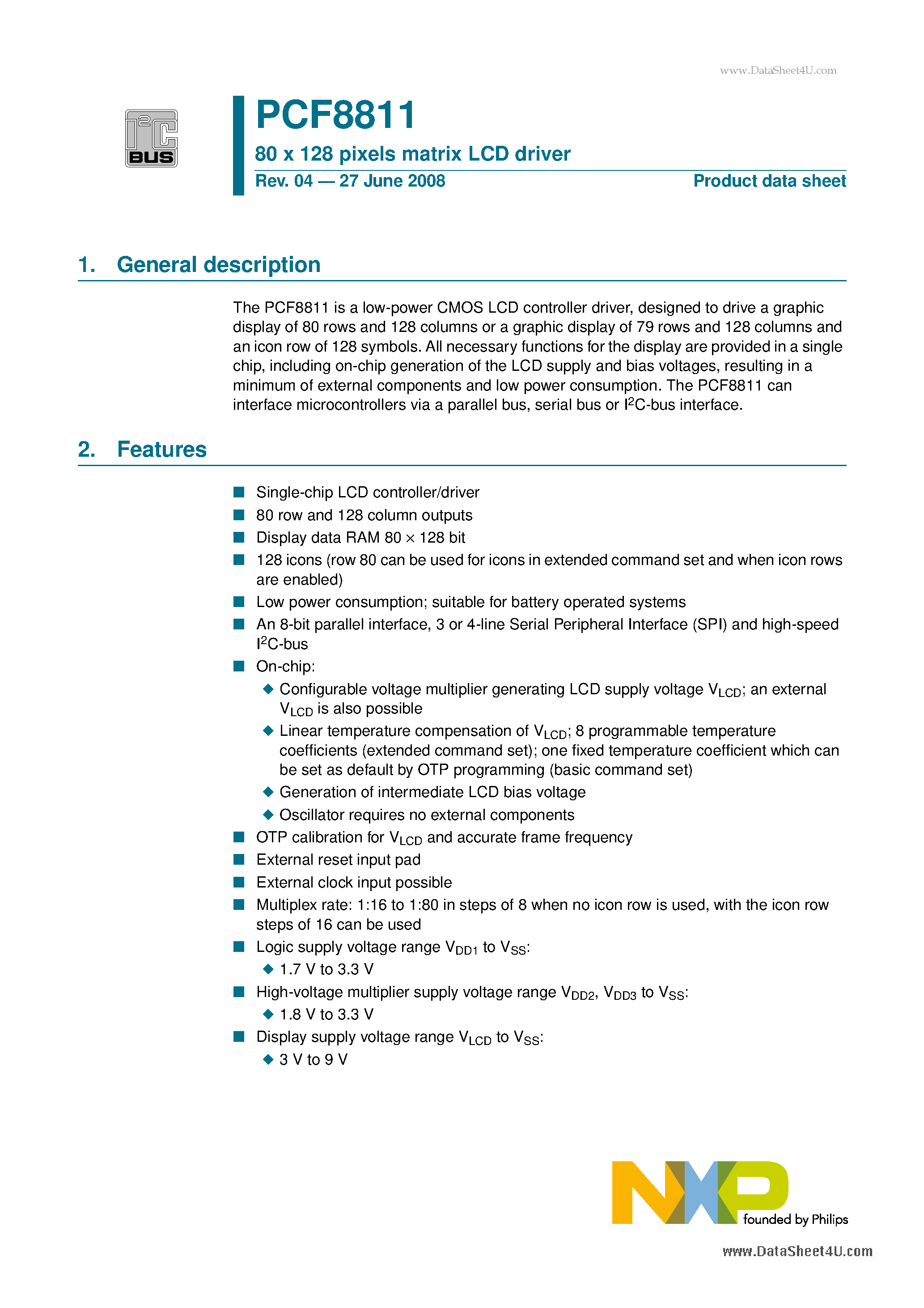 Datasheet PCF8811 - 80 x 128 pixels matrix LCD driver page 1