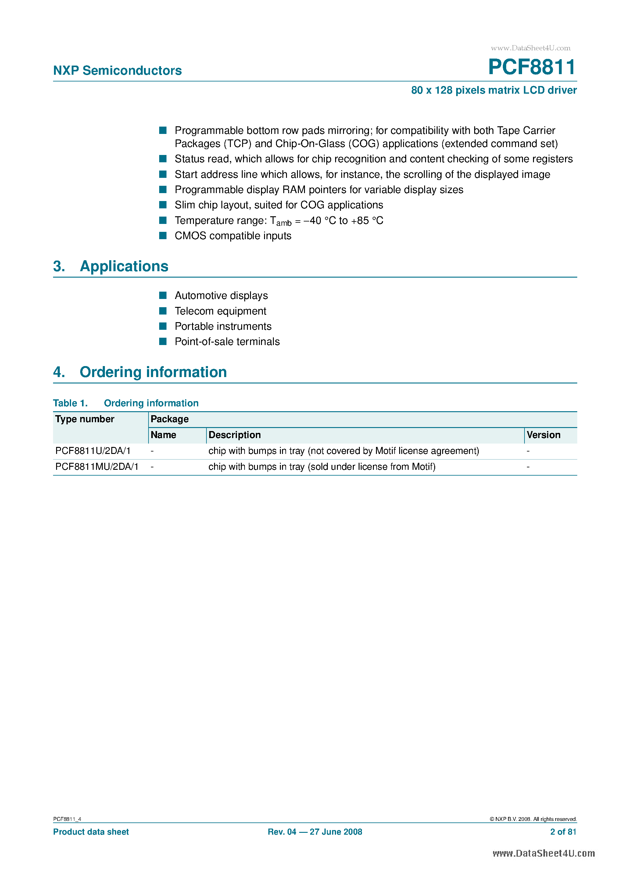Datasheet PCF8811 - 80 x 128 pixels matrix LCD driver page 2