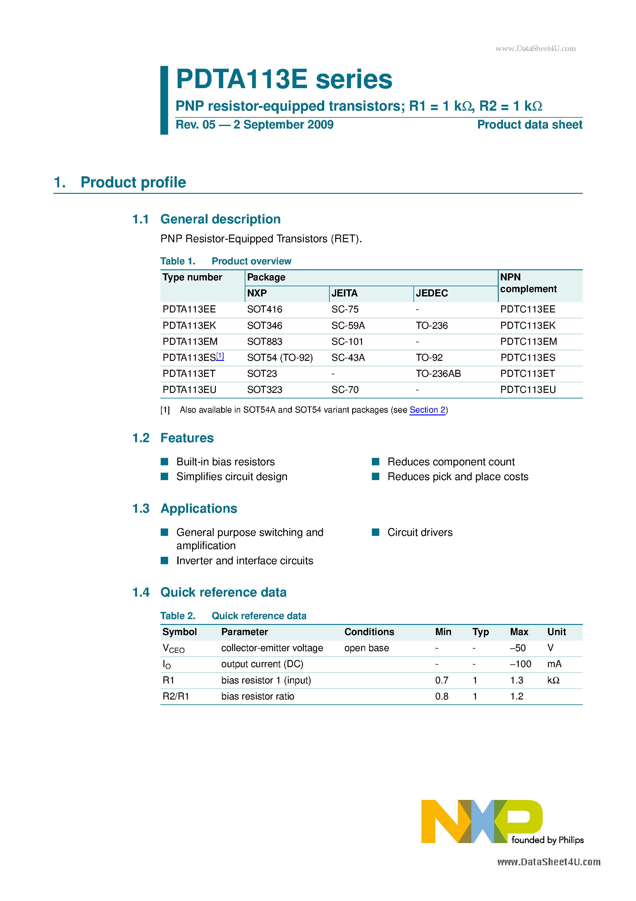 Datasheet PDTA113E - PNP resistor-equipped transistors page 1