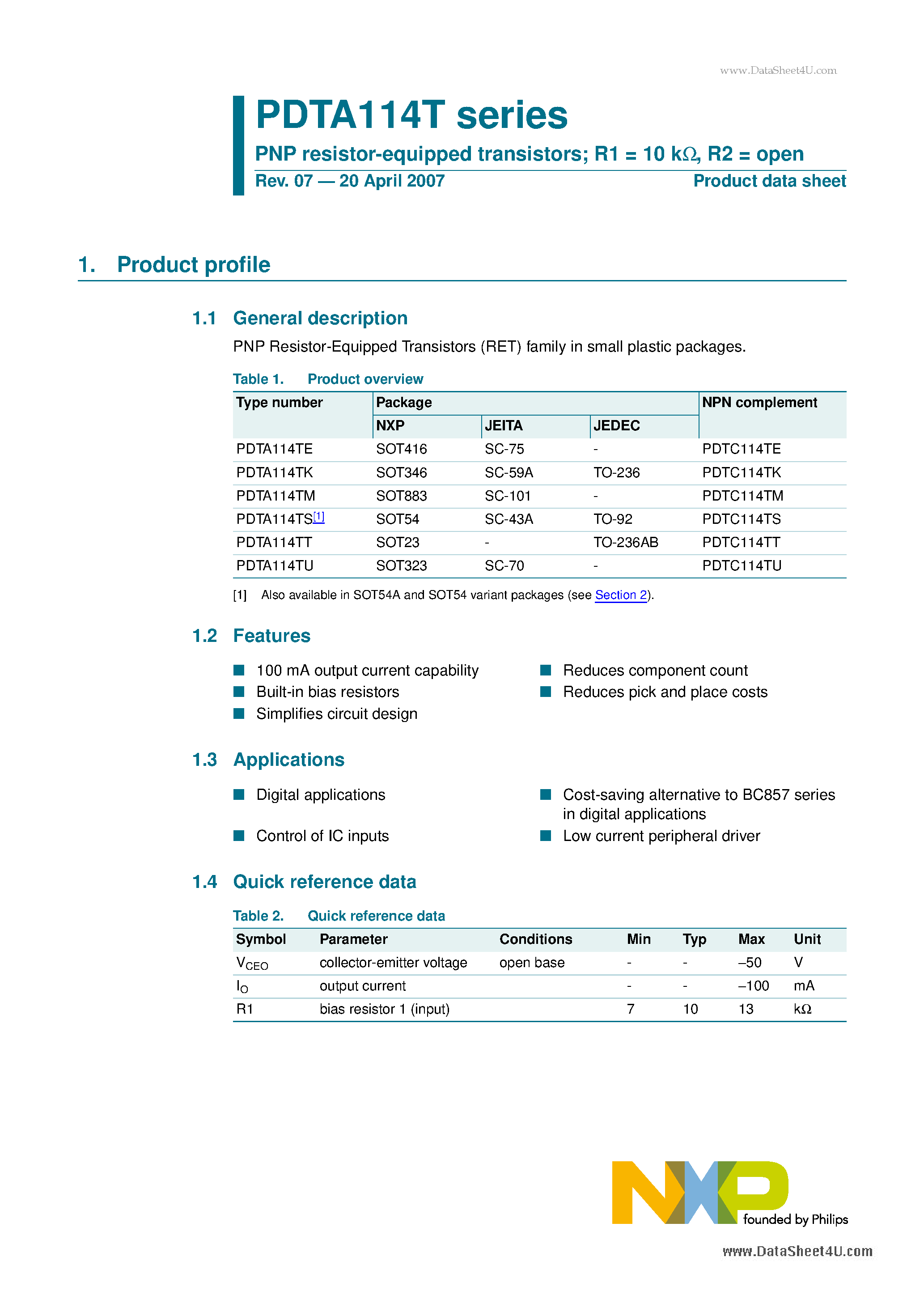 Datasheet PDTA114T - PNP resistor-equipped transistors page 1