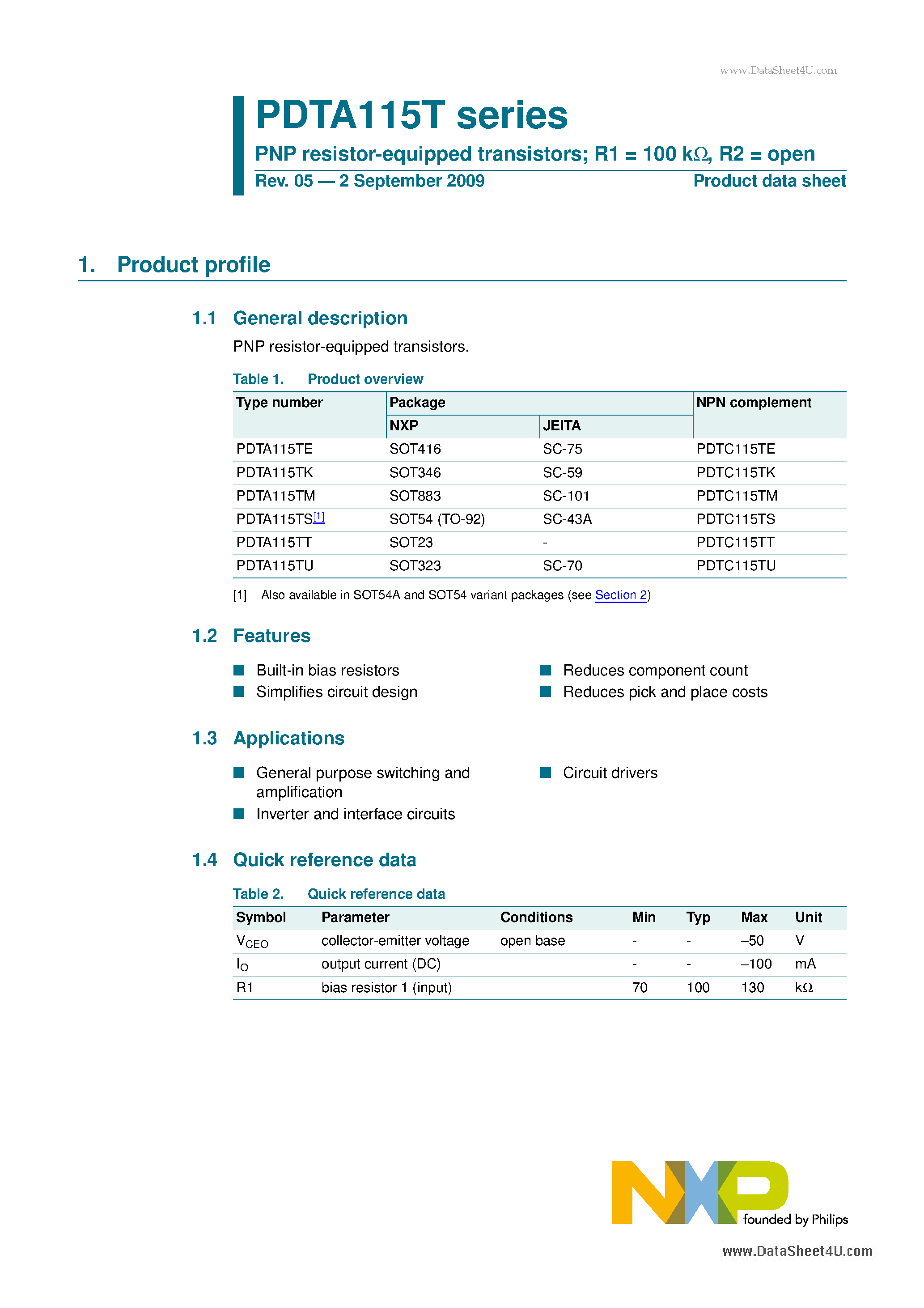 Datasheet PDTA115T - PNP resistor-equipped transistors page 1