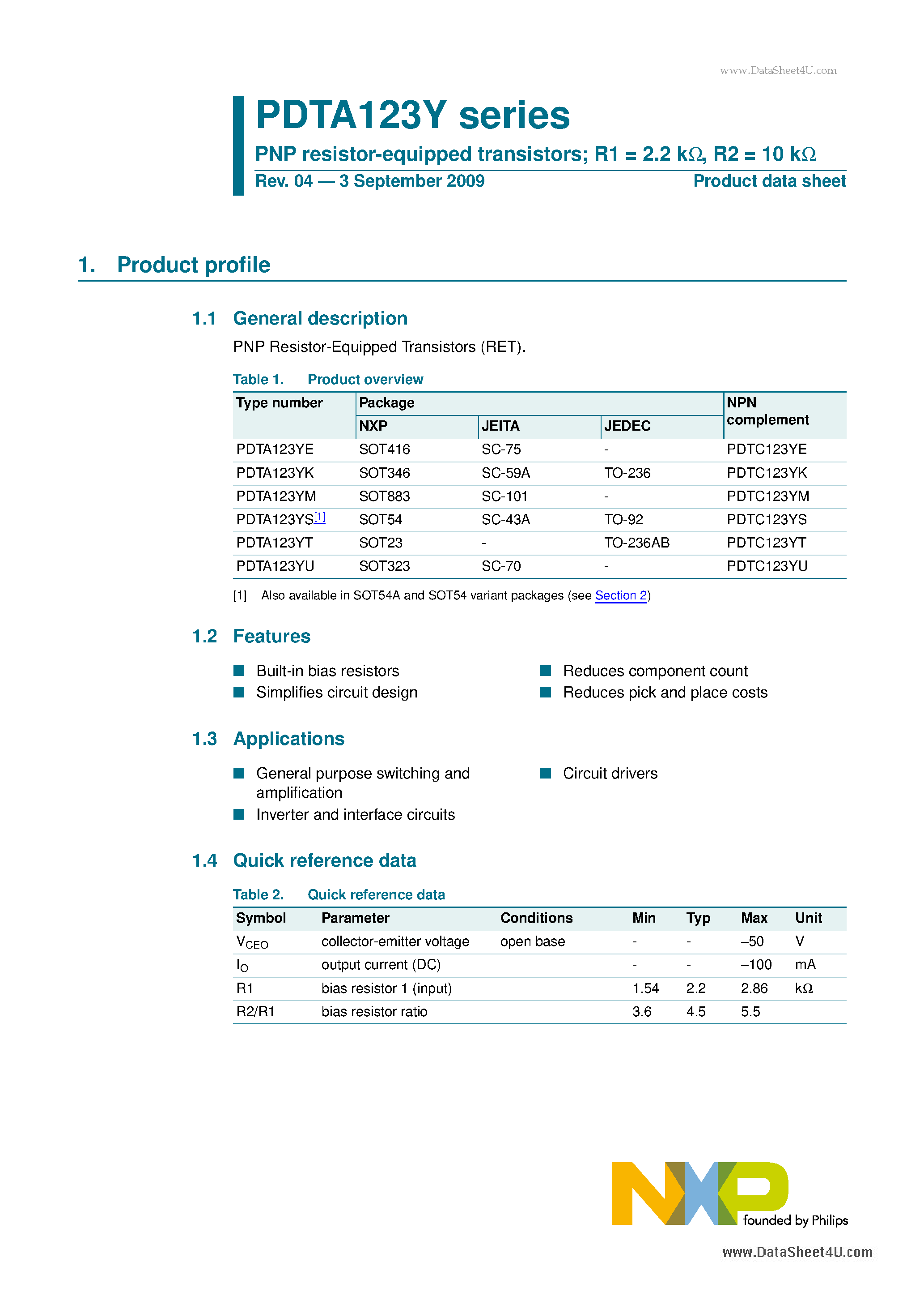 Datasheet PDTA123Y - PNP resistor-equipped transistors page 1