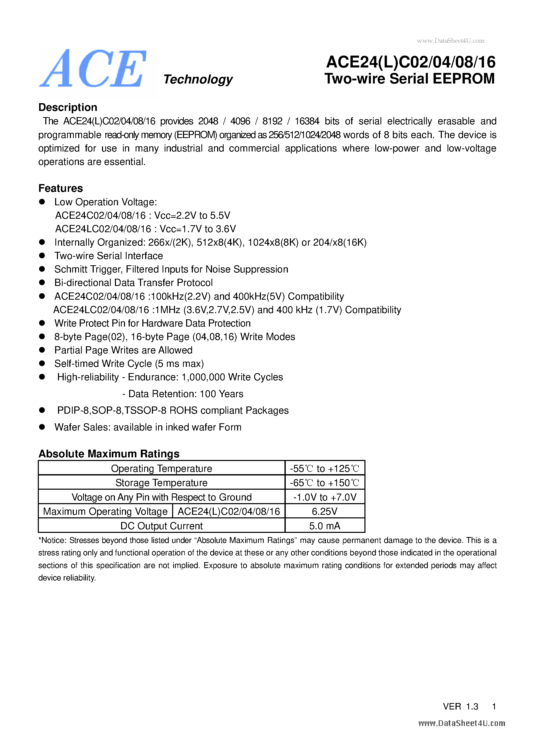 Datasheet ACE24C02 - Two-wire Serial EEPROM page 1
