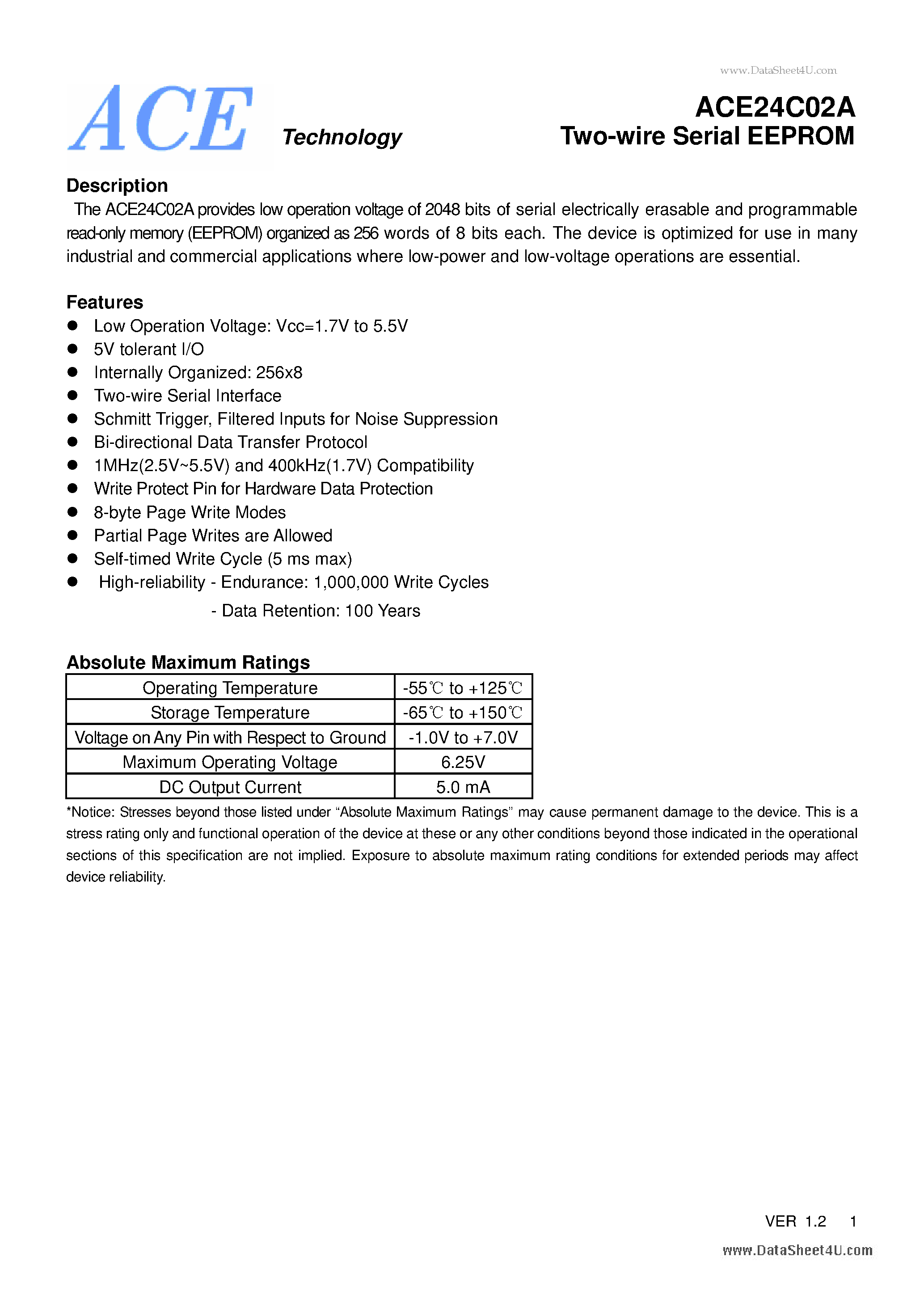 Datasheet ACE24C02A - Two-wire Serial EEPROM page 1