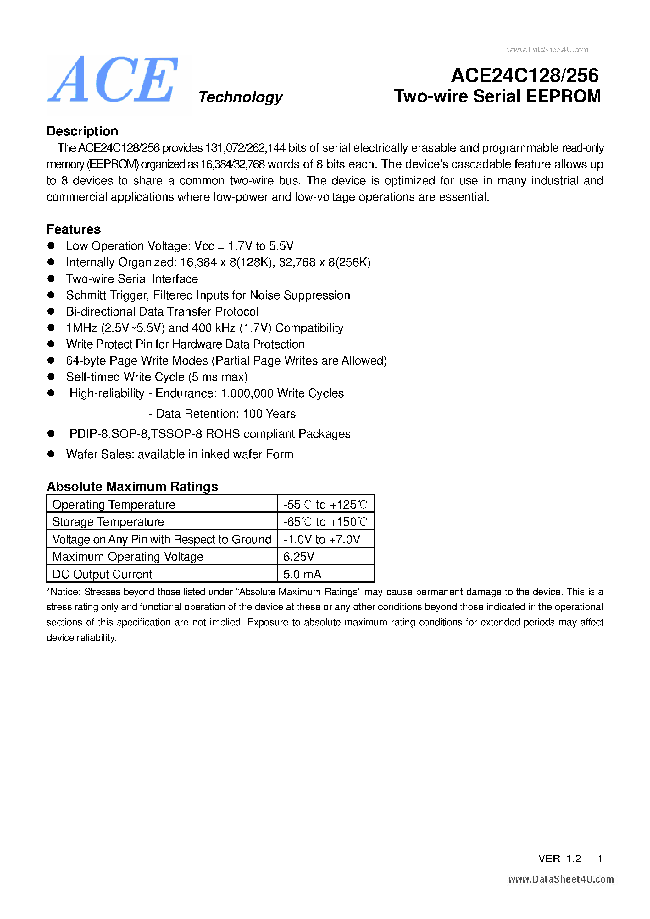 Datasheet ACE24C128 - Two-wire Serial EEPROM page 1
