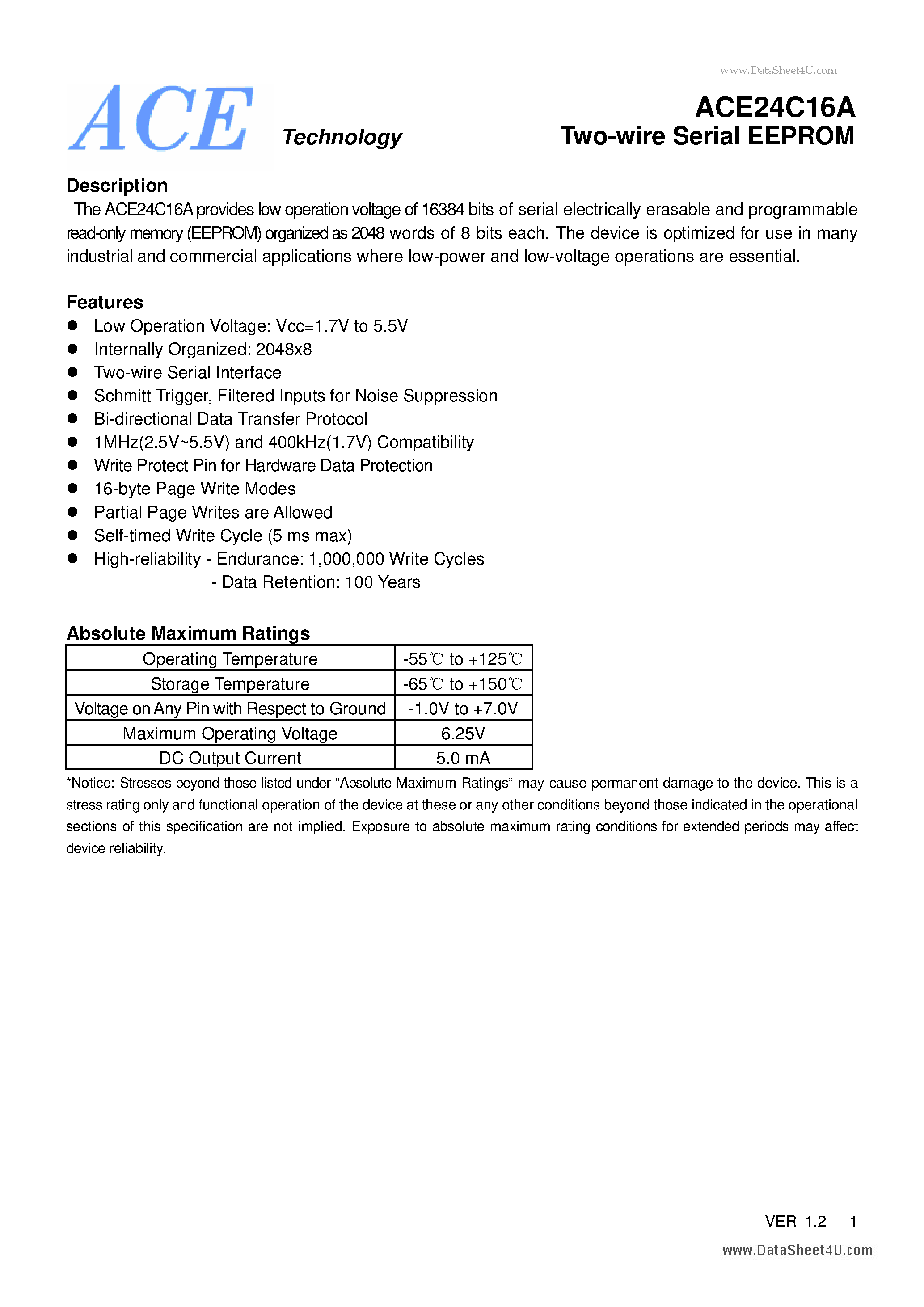 Datasheet ACE24C16A page 1 Datasheet ACE24C16A - Two-wire Serial EEPROM page 1