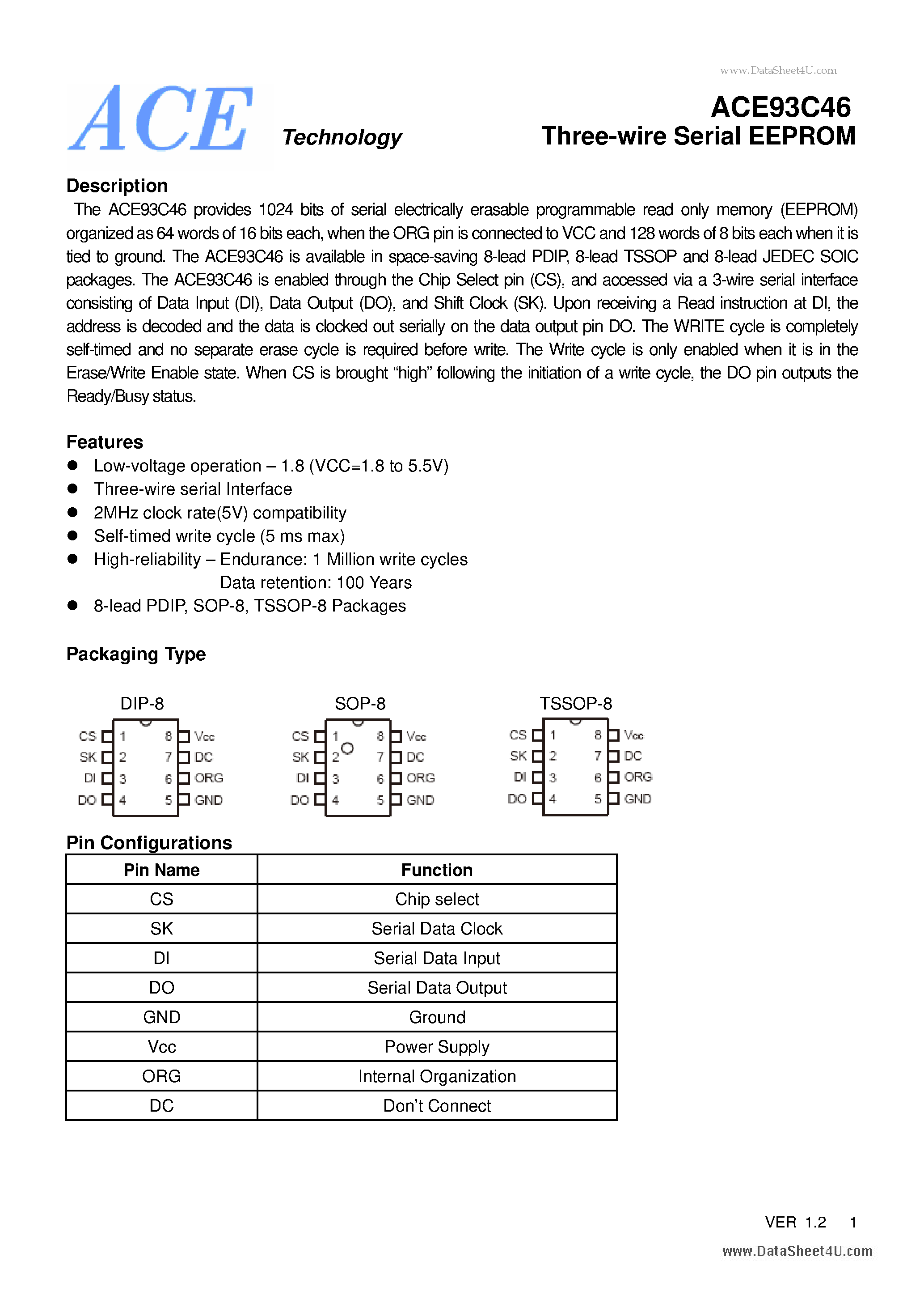 Datasheet ACE93C46 page 1 Datasheet ACE93C46 - Two-wire Serial EEPROM page 1