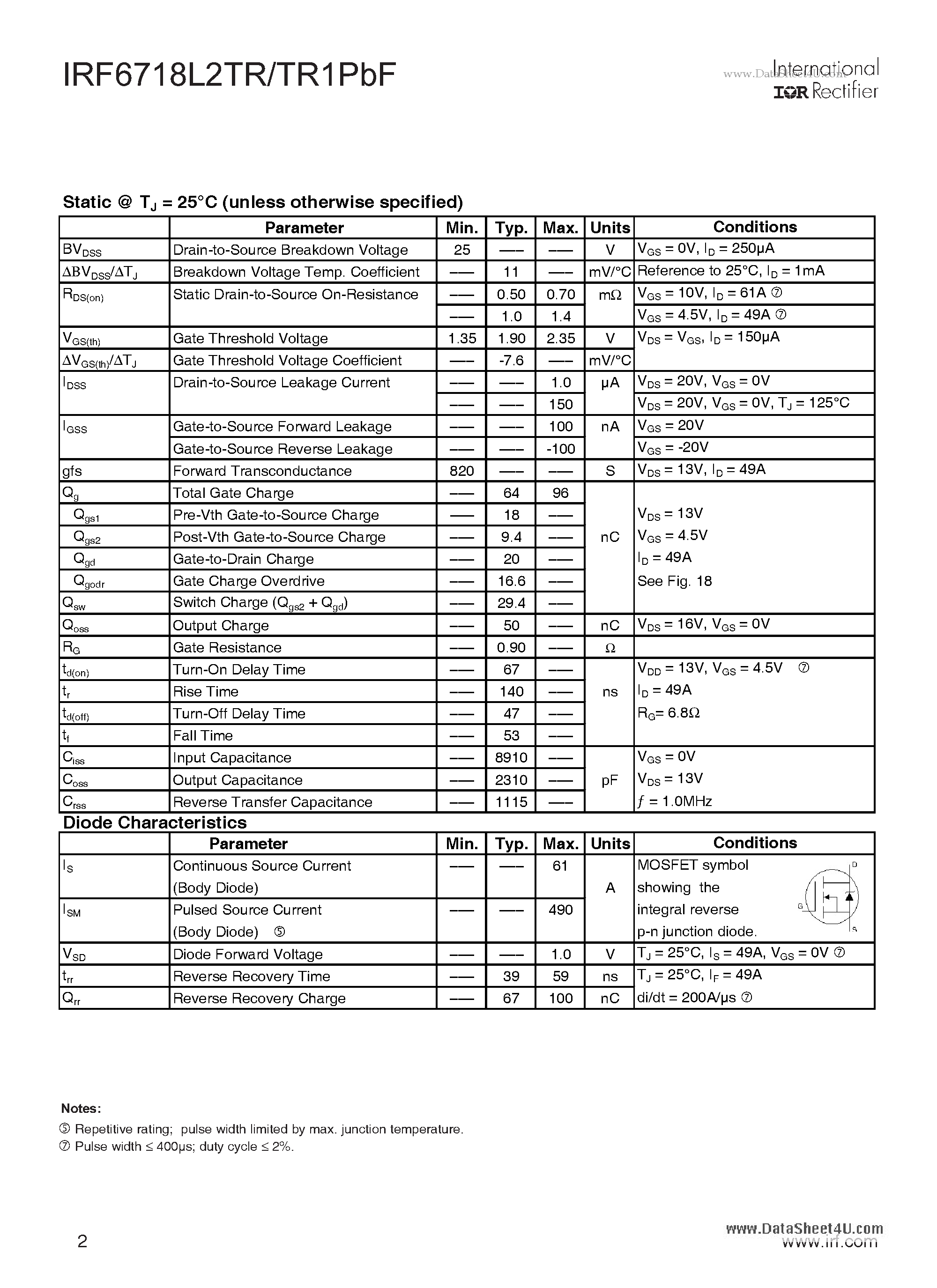 Datasheet IRF6718L2TR1PBF - DirectFET Power MOSFET page 2