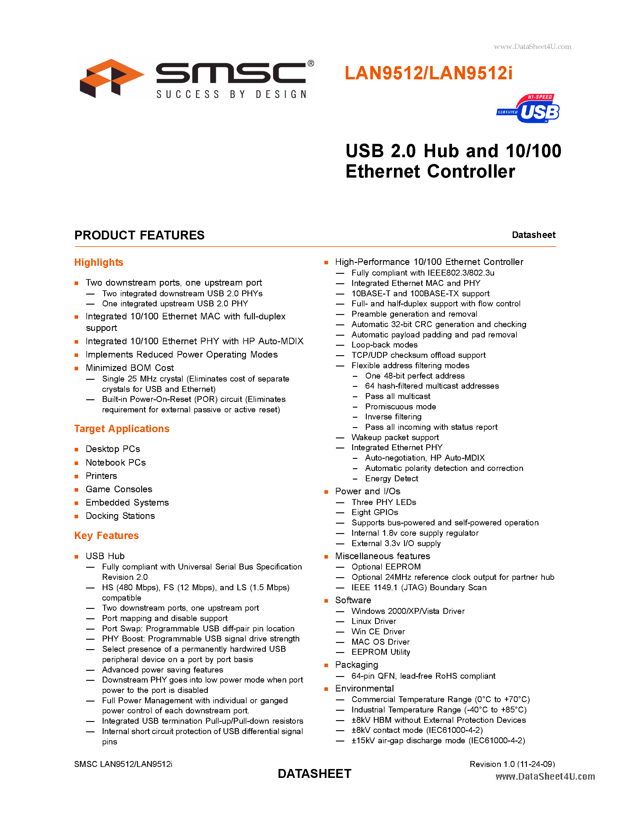 Datasheet LAN9512 - USB 2.0 Hub and 10/100 Ethernet Controller page 1