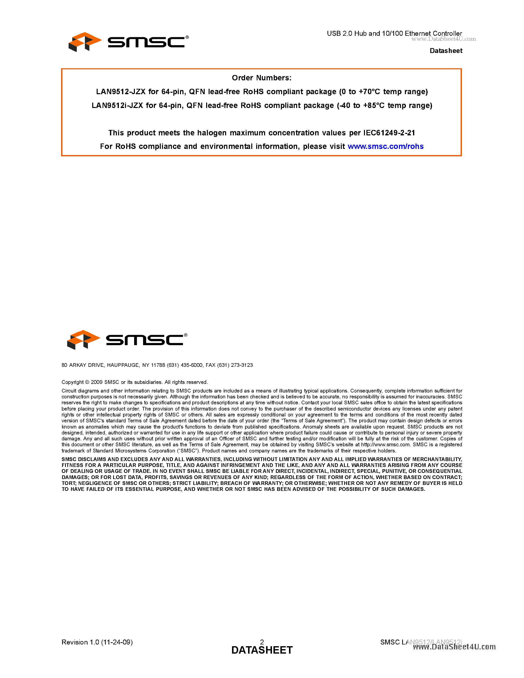 Datasheet LAN9512 - USB 2.0 Hub and 10/100 Ethernet Controller page 2