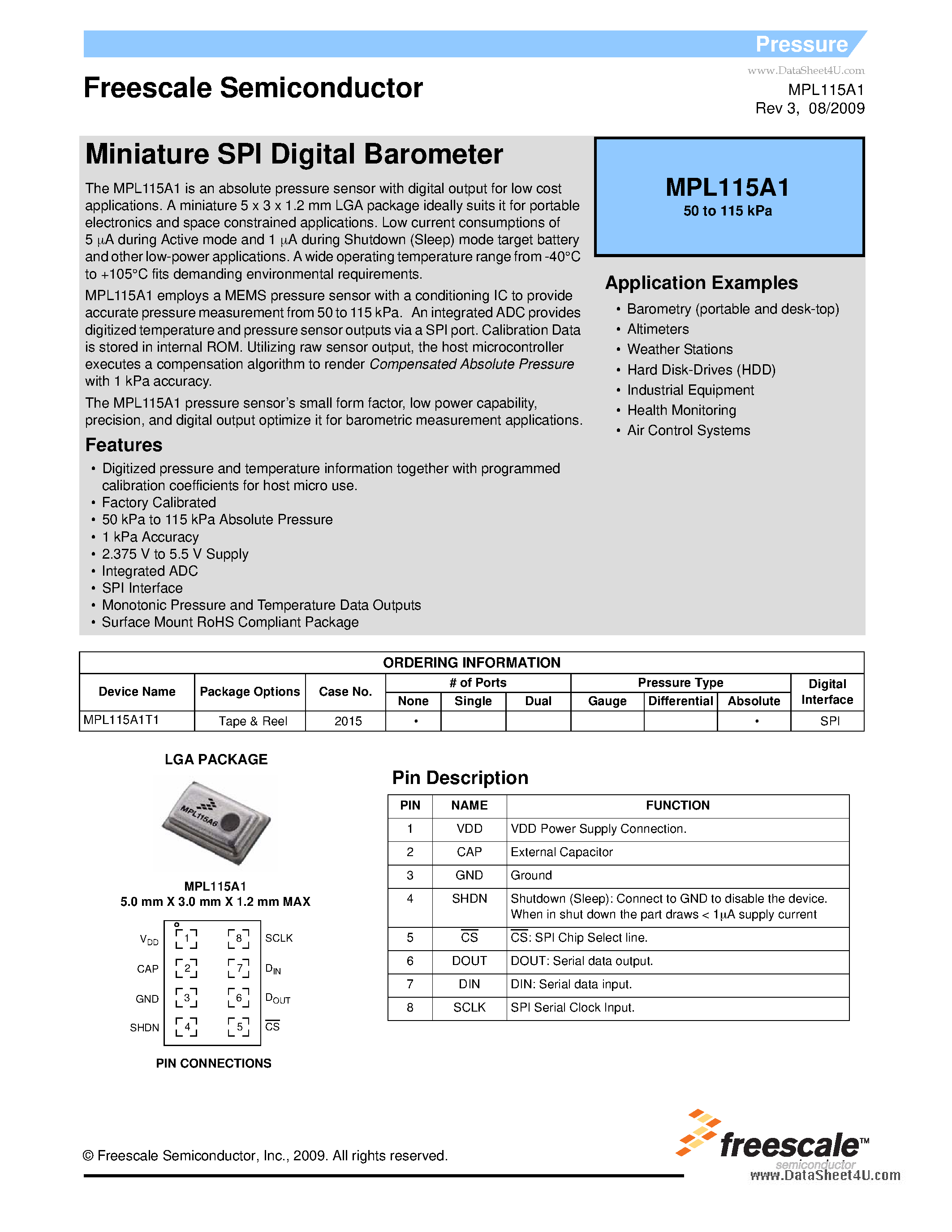 Datasheet MPL115A1 - Miniature SPI Digital Barometer page 1