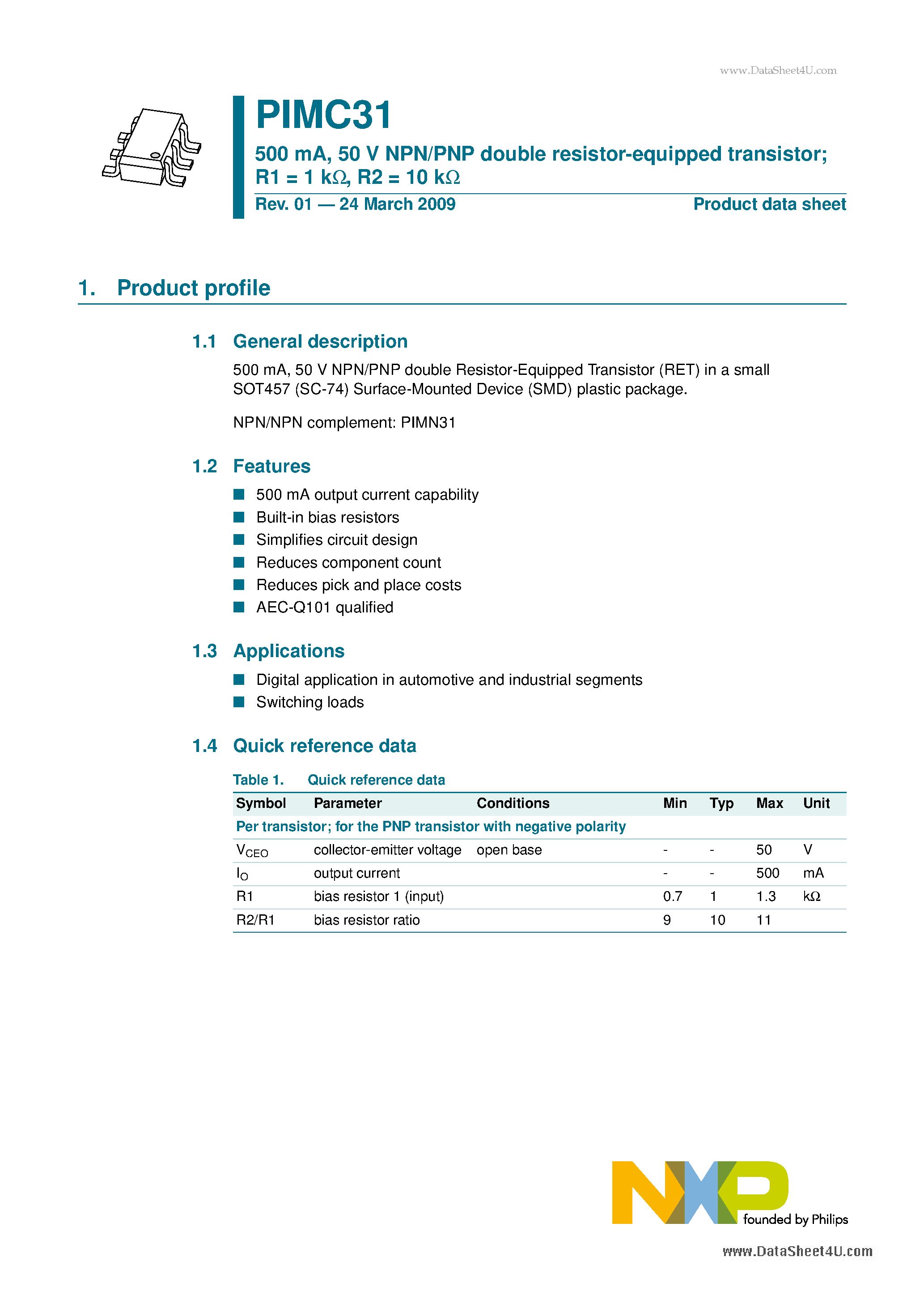 Даташит PIMC31 - 50 V NPN/PNP double resistor-equipped transistor страница 1