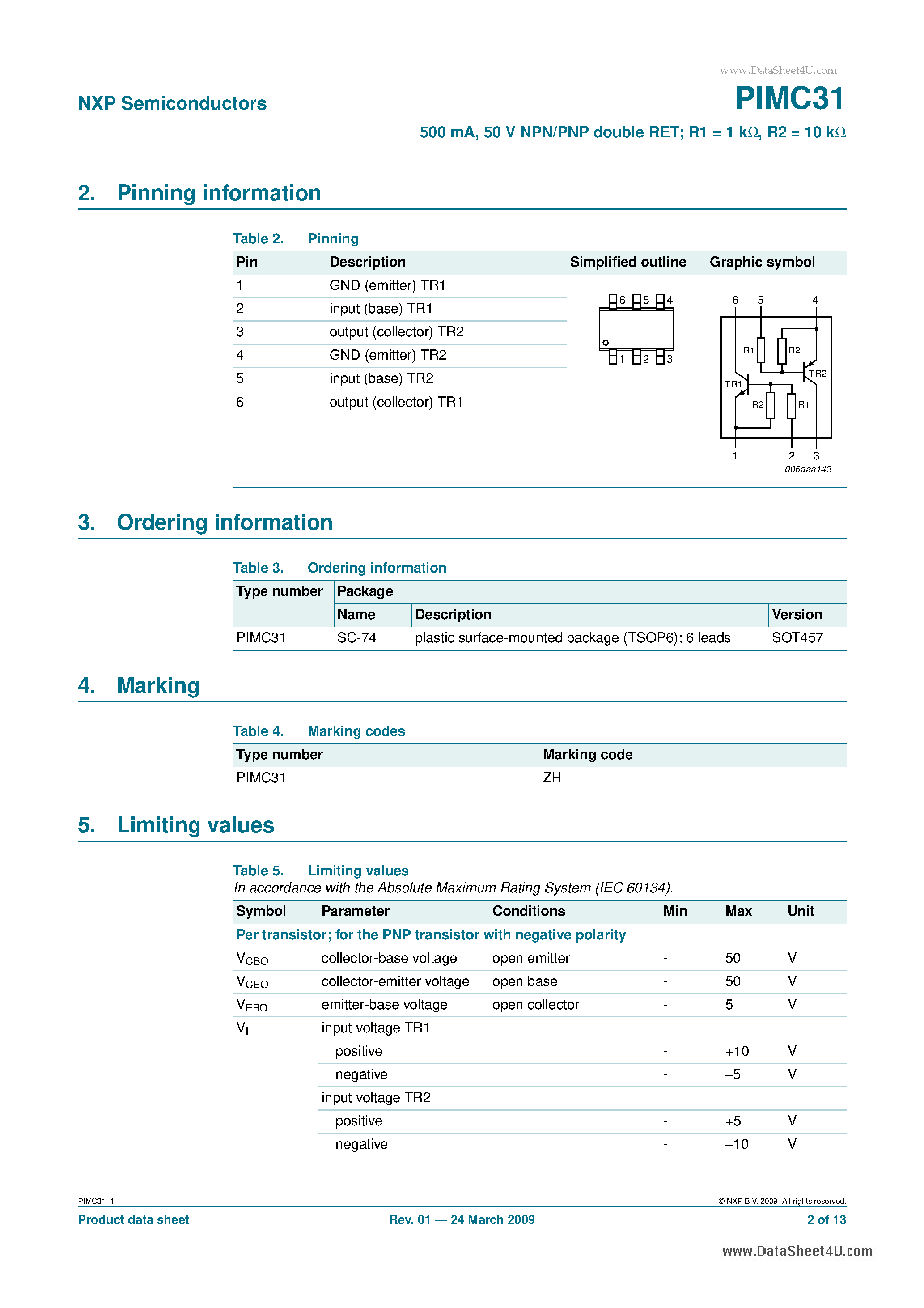 Даташит PIMC31 - 50 V NPN/PNP double resistor-equipped transistor страница 2
