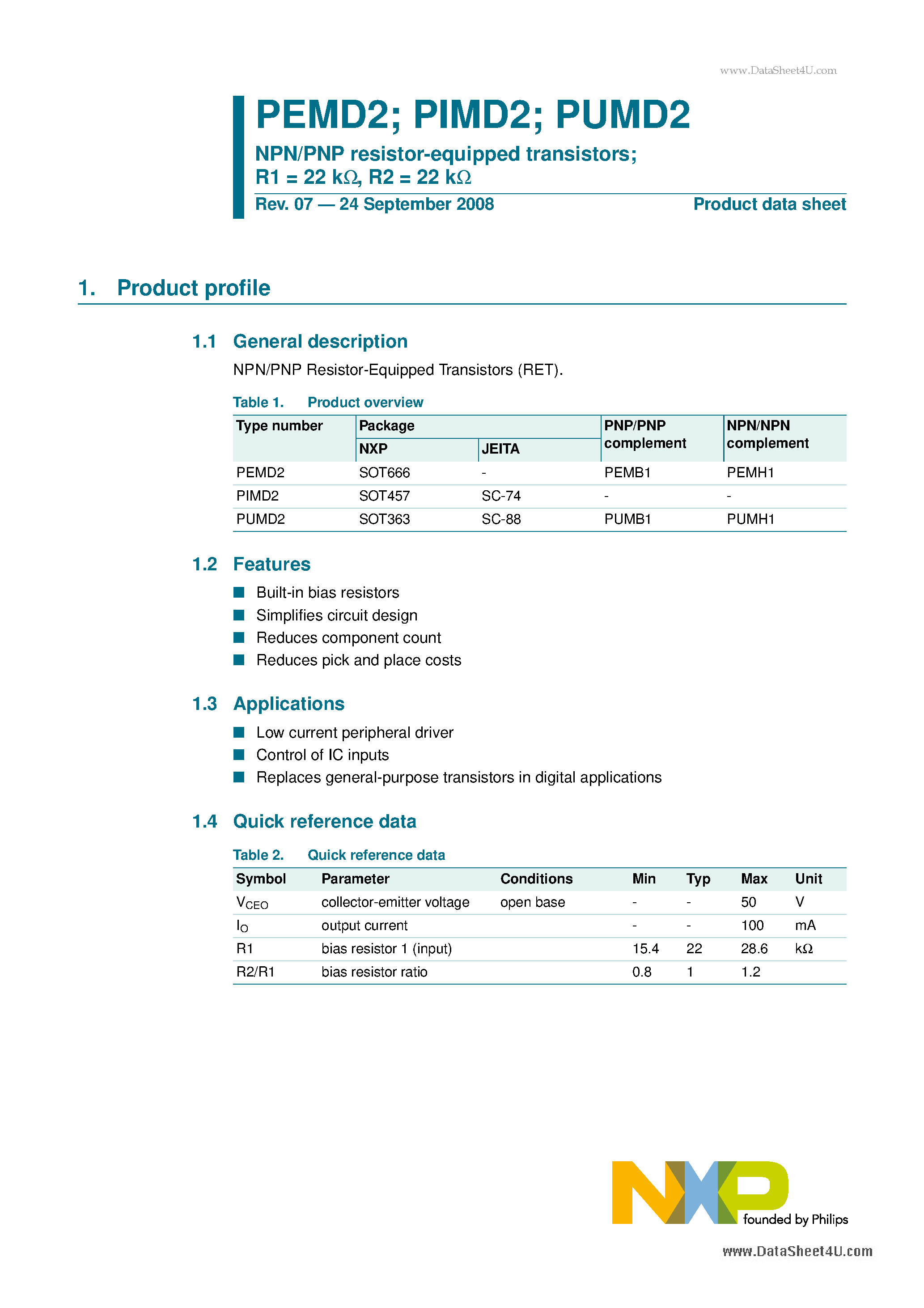 Datasheet PEMD2 - NPN/PNP resistor-equipped transistors page 1