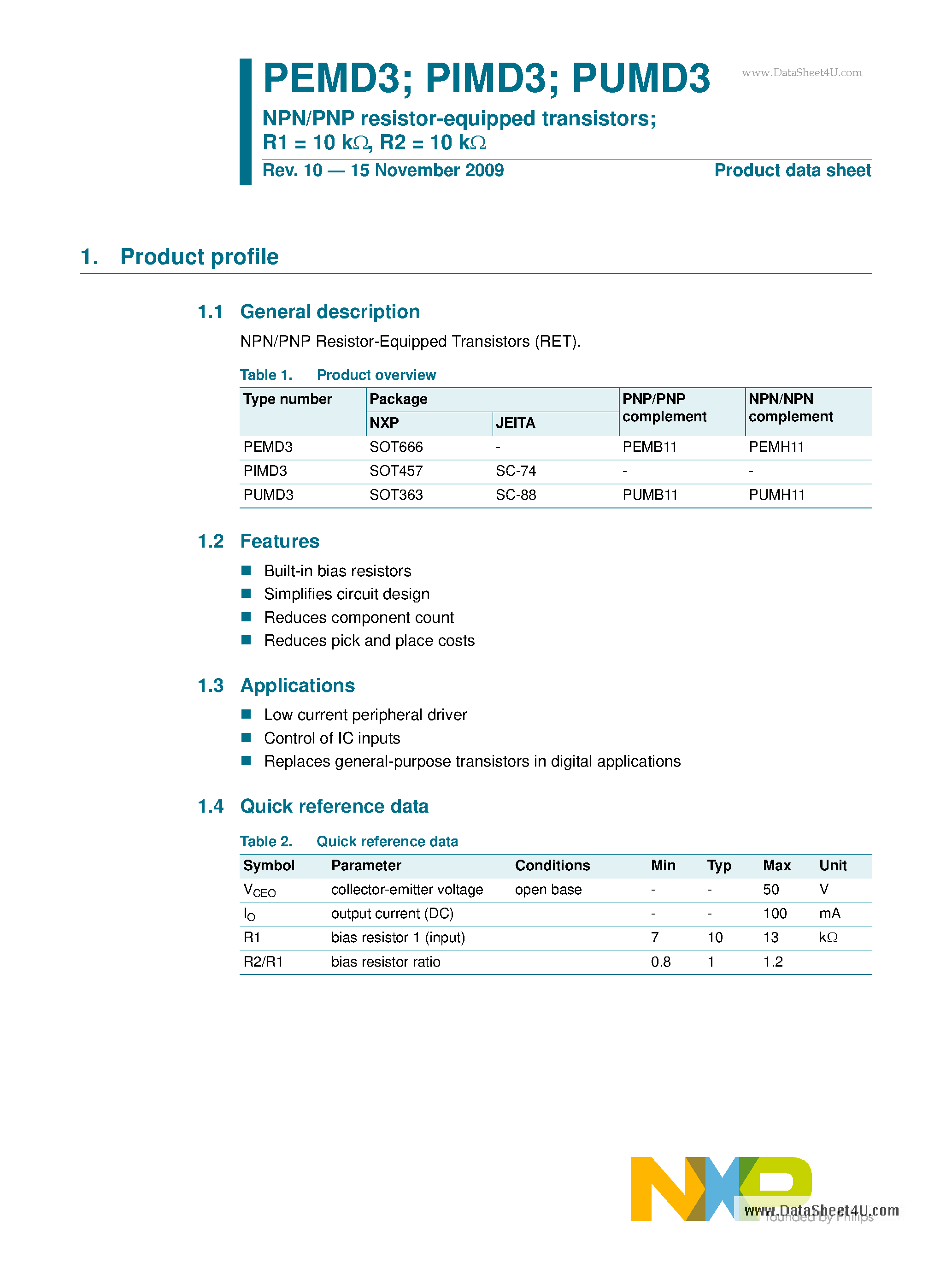 Datasheet PIMD3 - NPN/PNP resistor-equipped transistors page 1