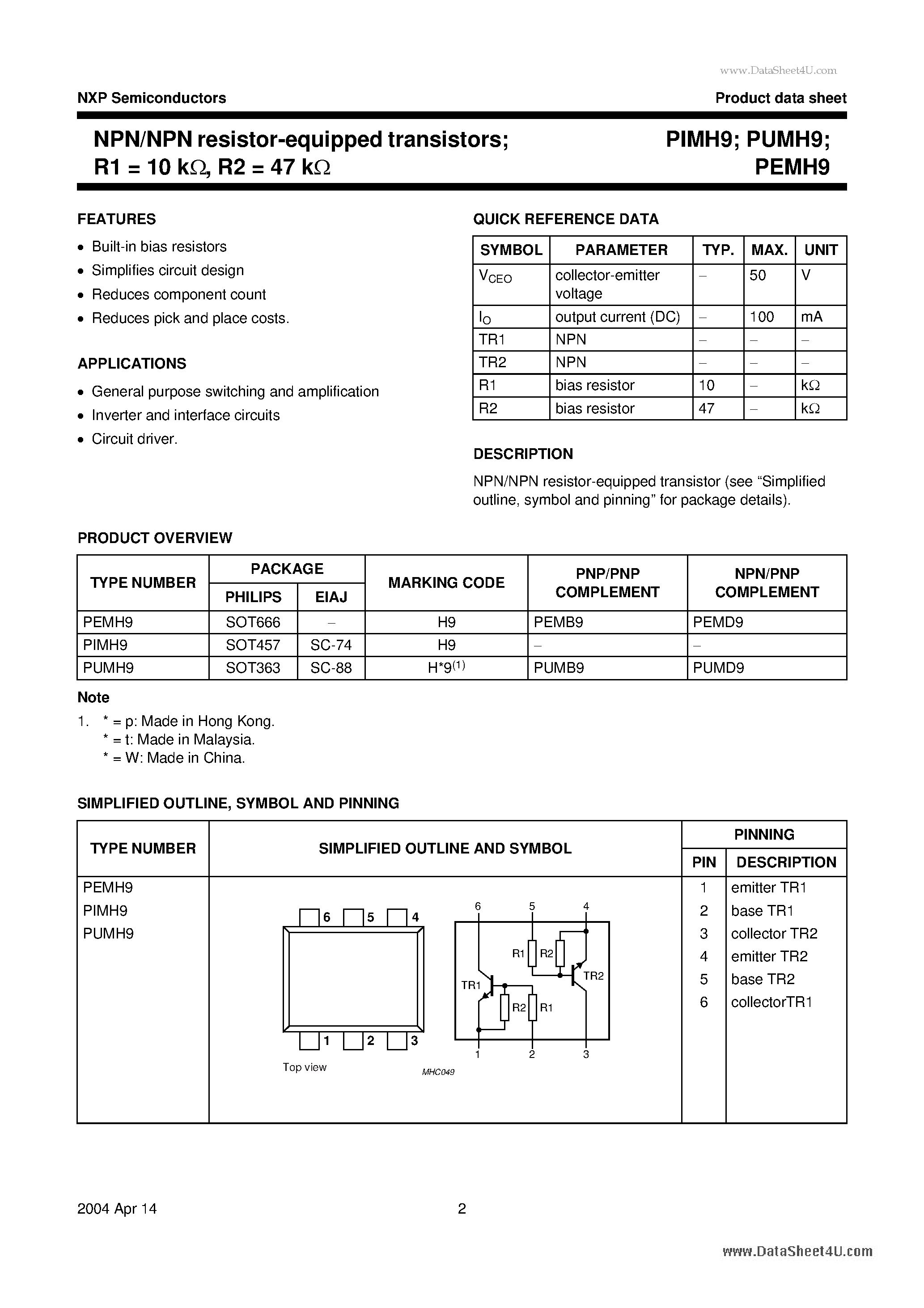 Datasheet PIMH9 - NPN/PNP resistor-equipped transistors page 2