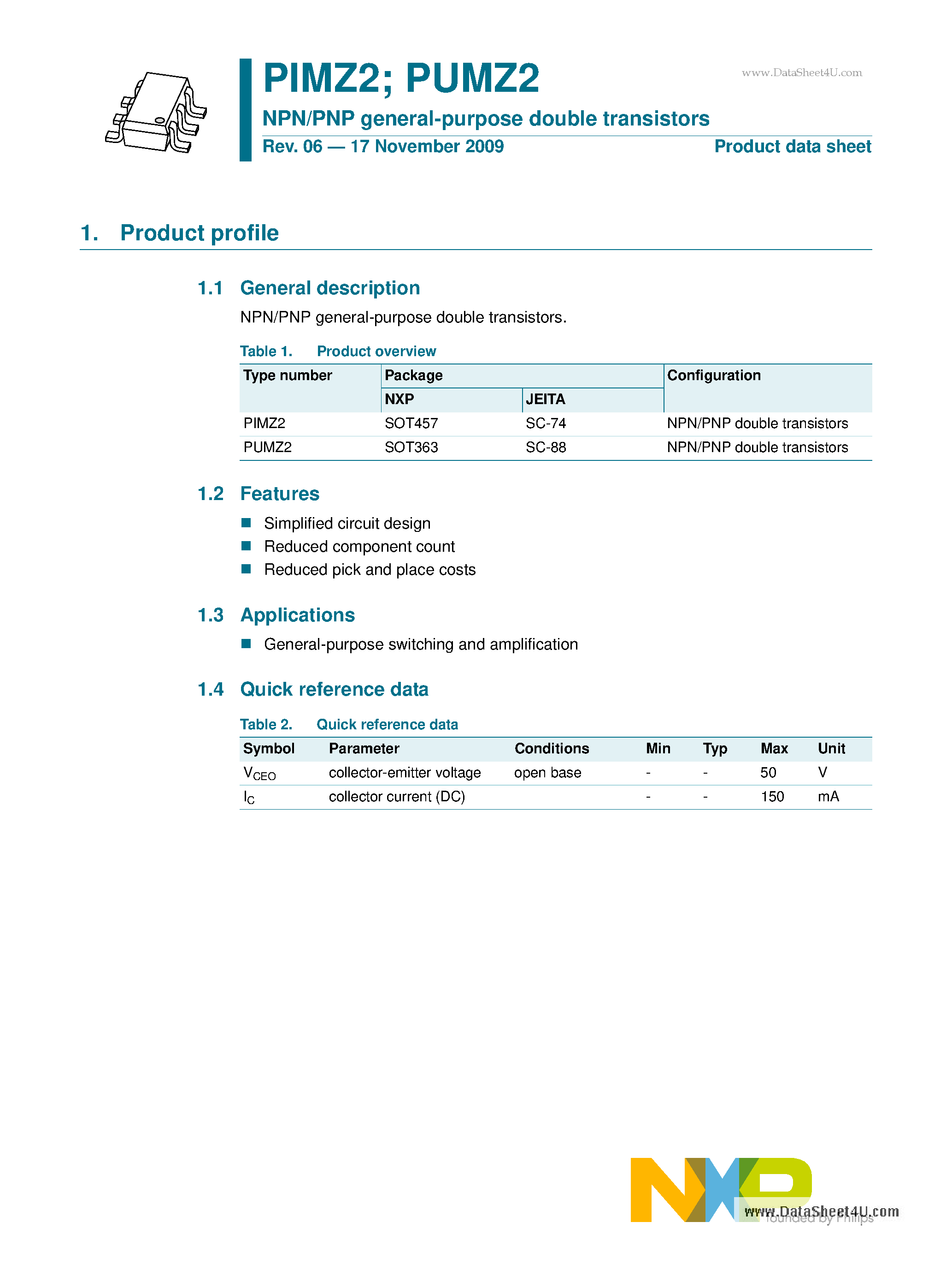 Datasheet PIMZ2 - NPN/PNP general-purpose double transistors page 1