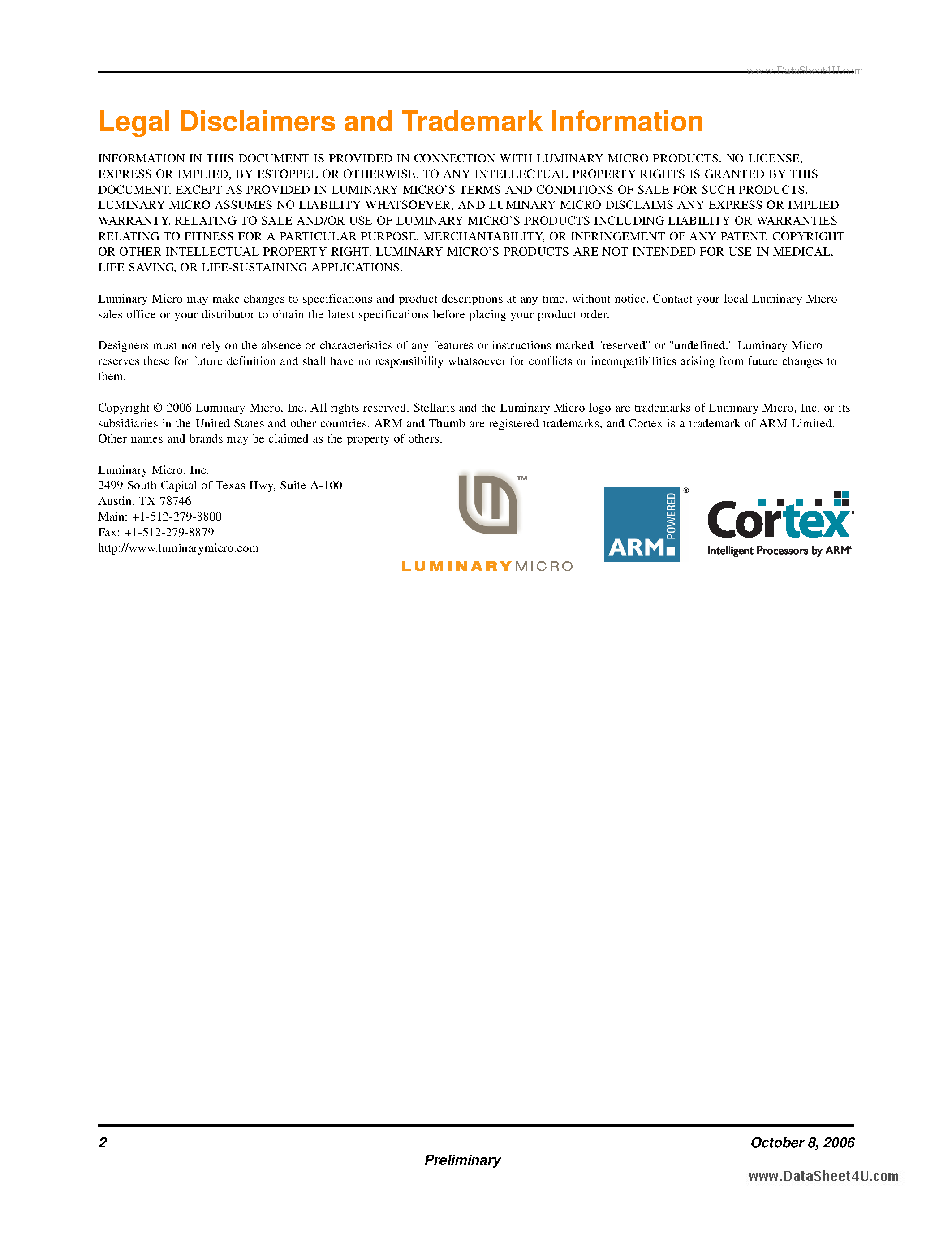 Datasheet LM3S801 page 2 Datasheet LM3S801 - Microcontroller page 2