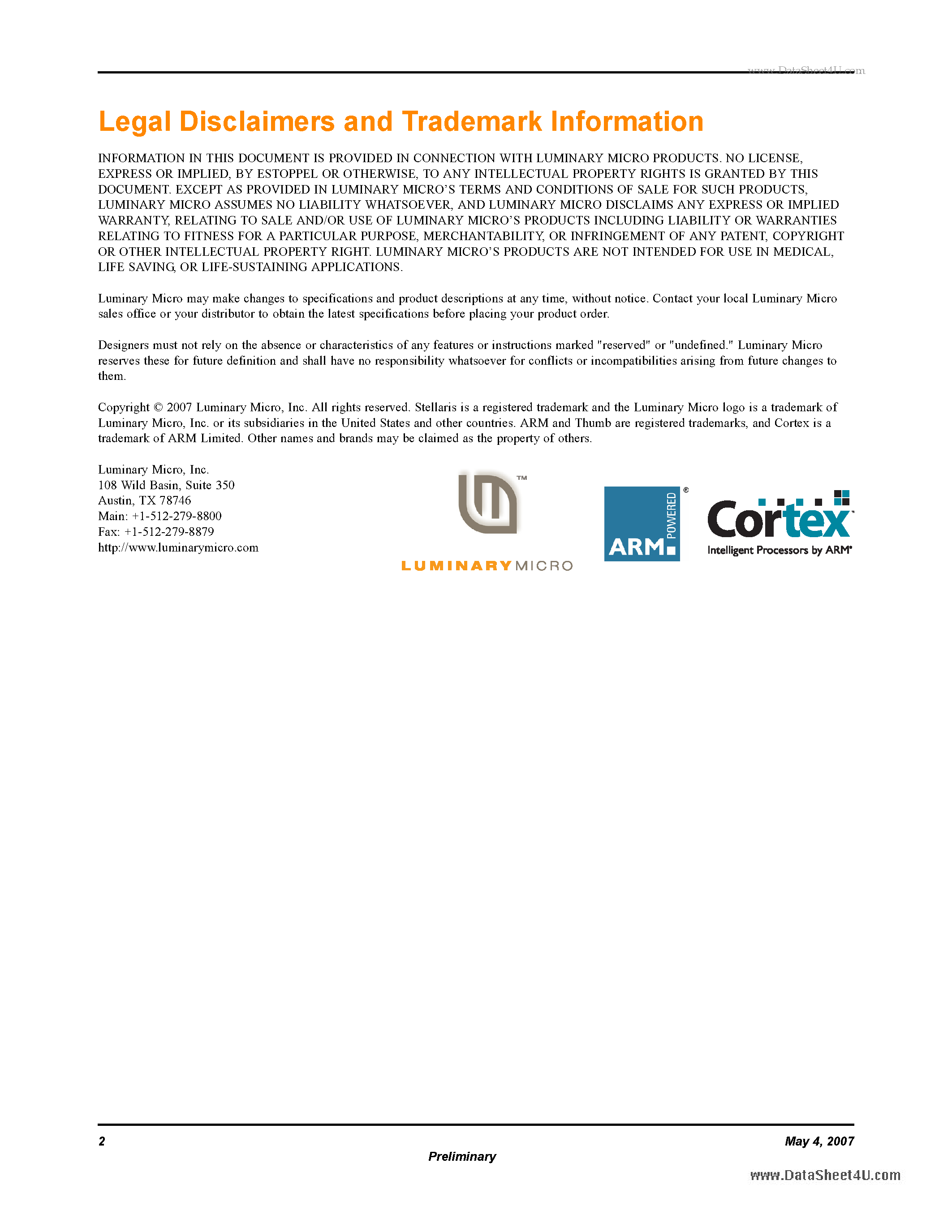Datasheet LM3S818 page 2 Datasheet LM3S818 - Microcontroller page 2
