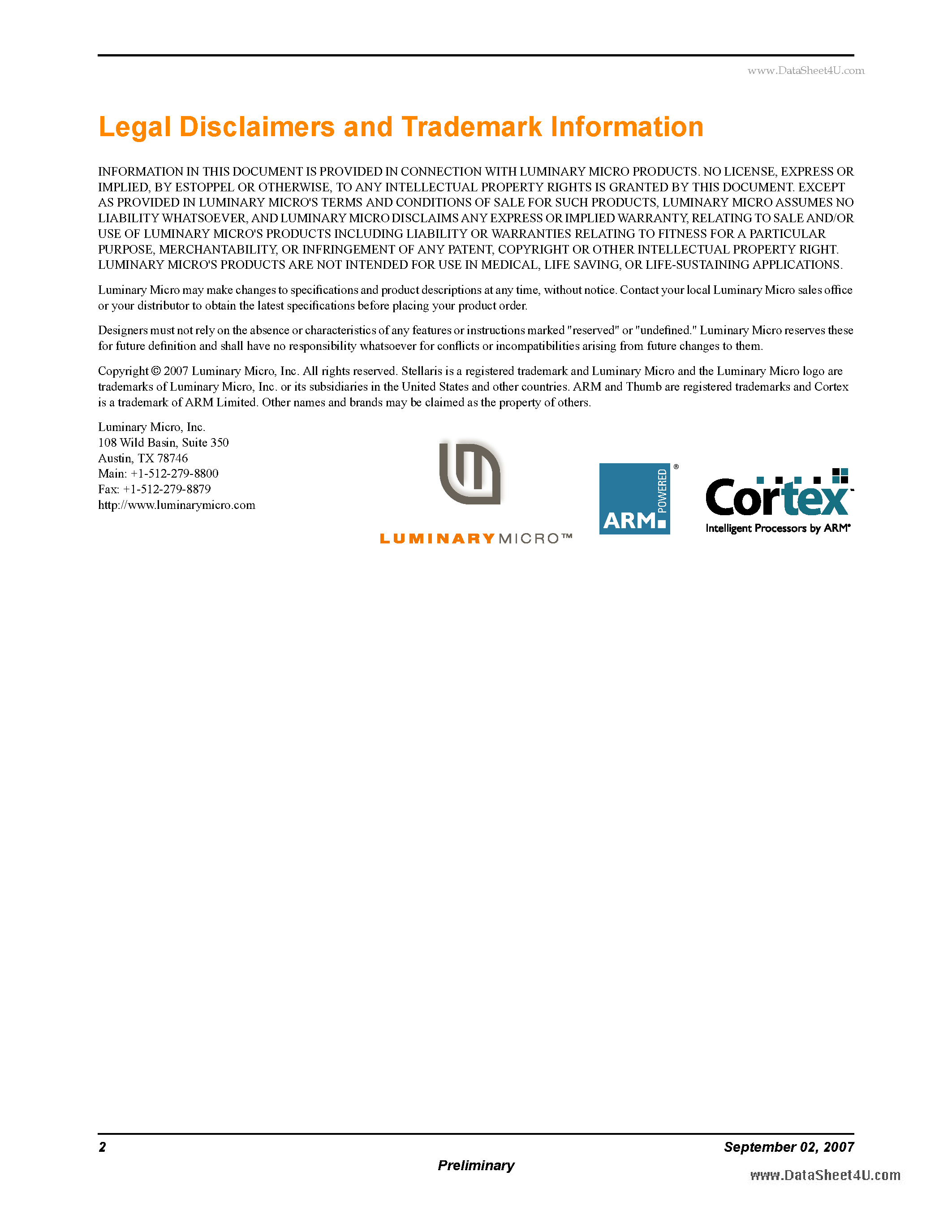 Datasheet LM3S8730 page 2 Datasheet LM3S8730 - Microcontroller page 2