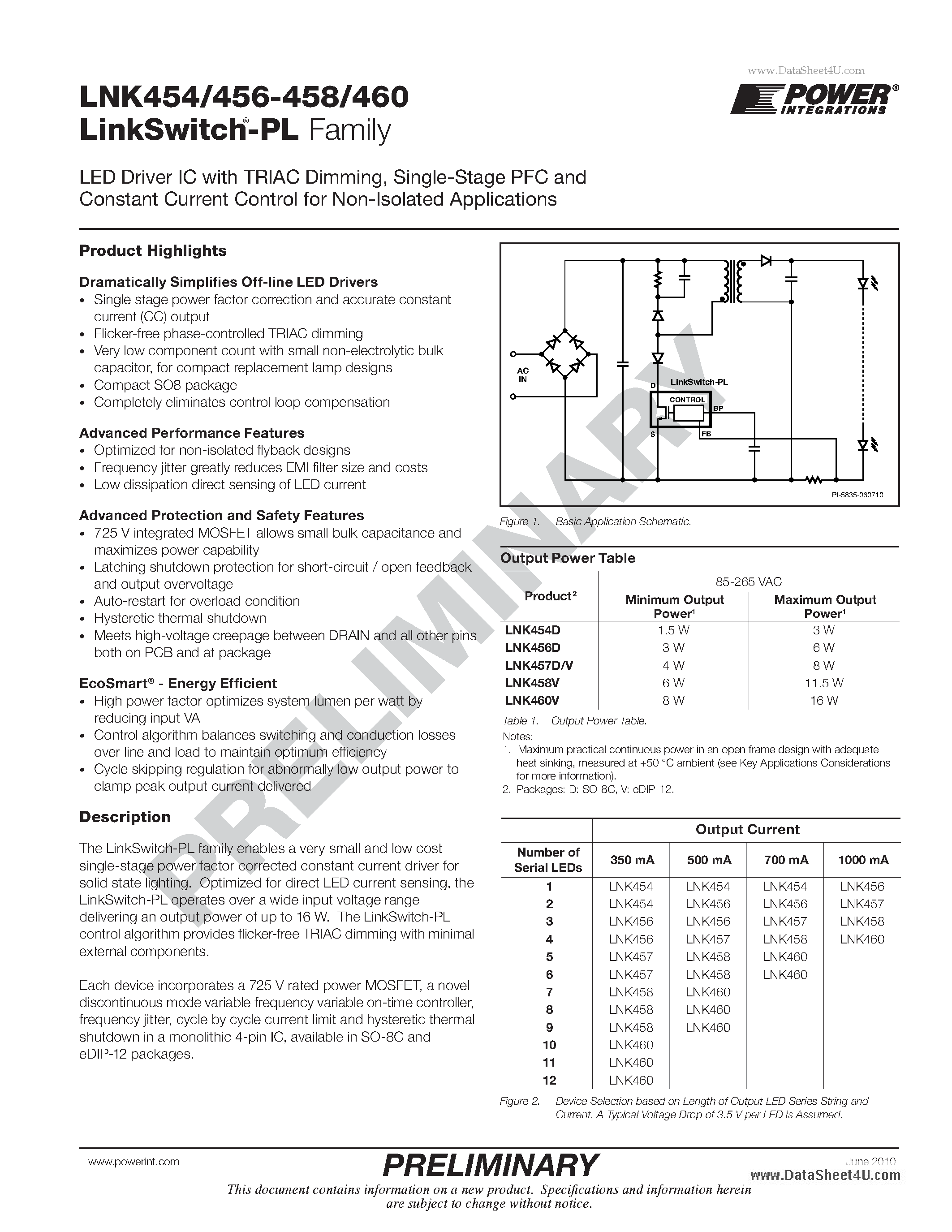 Datasheet LNK454 - LED Driver IC with TRIAC Dimming Single-Stage PFC and Constant Current Control page 1