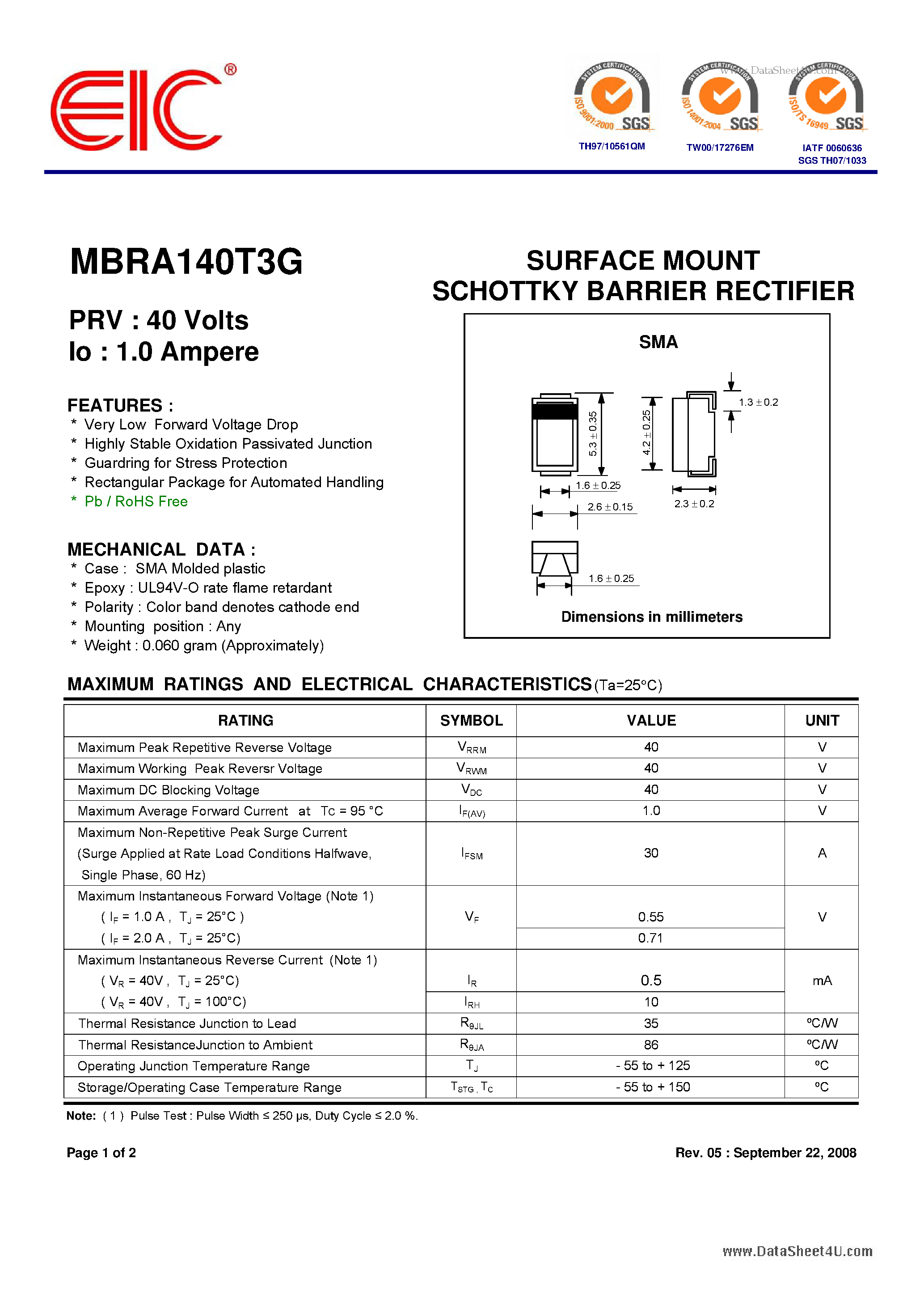 Даташит MBRA140T3G - SCHOTTKY BARRIER RECTIFIER SURFACE MOUNT страница 1