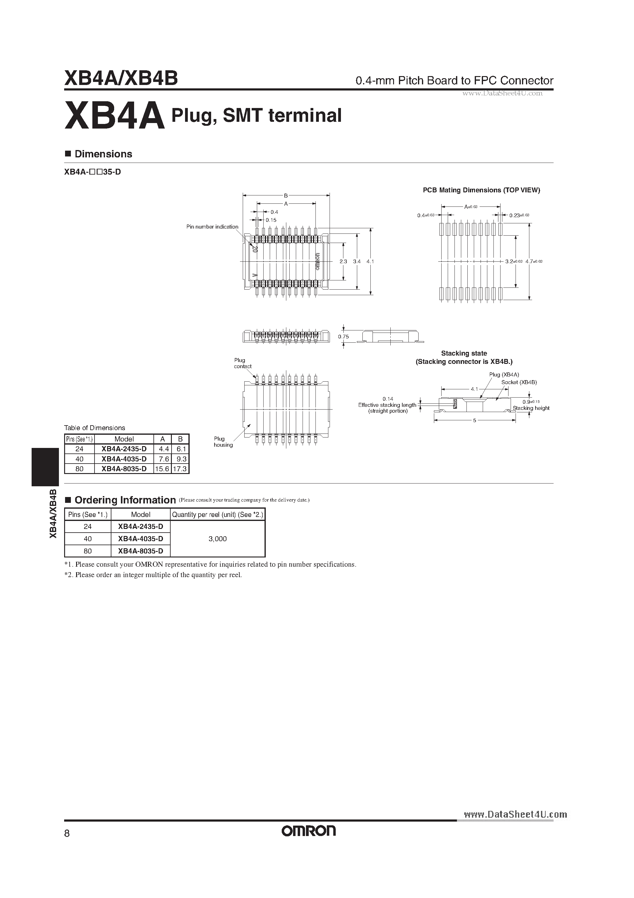 Datasheet XB4A - 0.4-mm Pitch Board to FPC Connector page 2