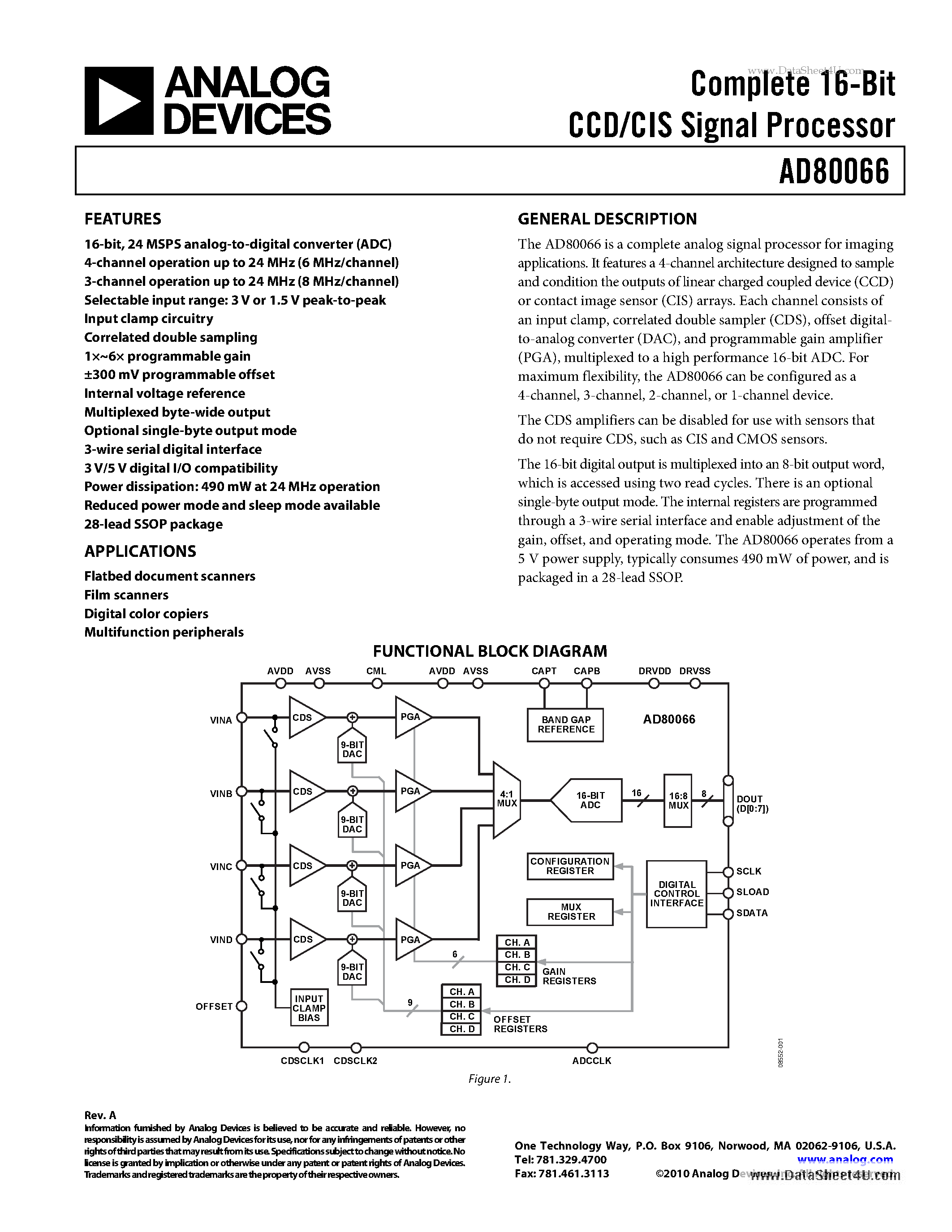Datasheet AD80066 page 1 Datasheet AD80066 - Complete 16-Bit CCD/CIS Signal Processor page 1