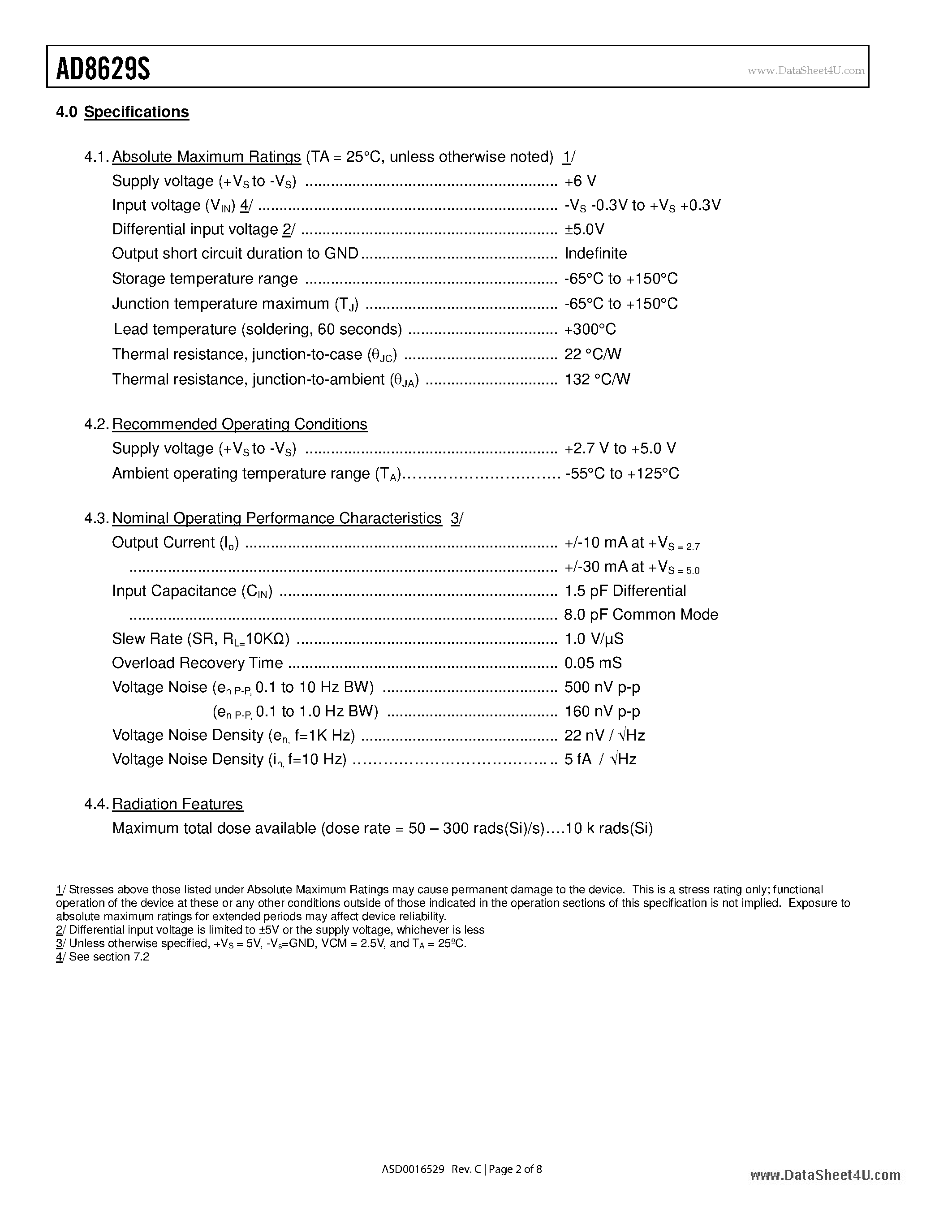 Datasheet AD8629S - Single-Supply Rail-to-Rail Input/Output Operational Amplifier page 2