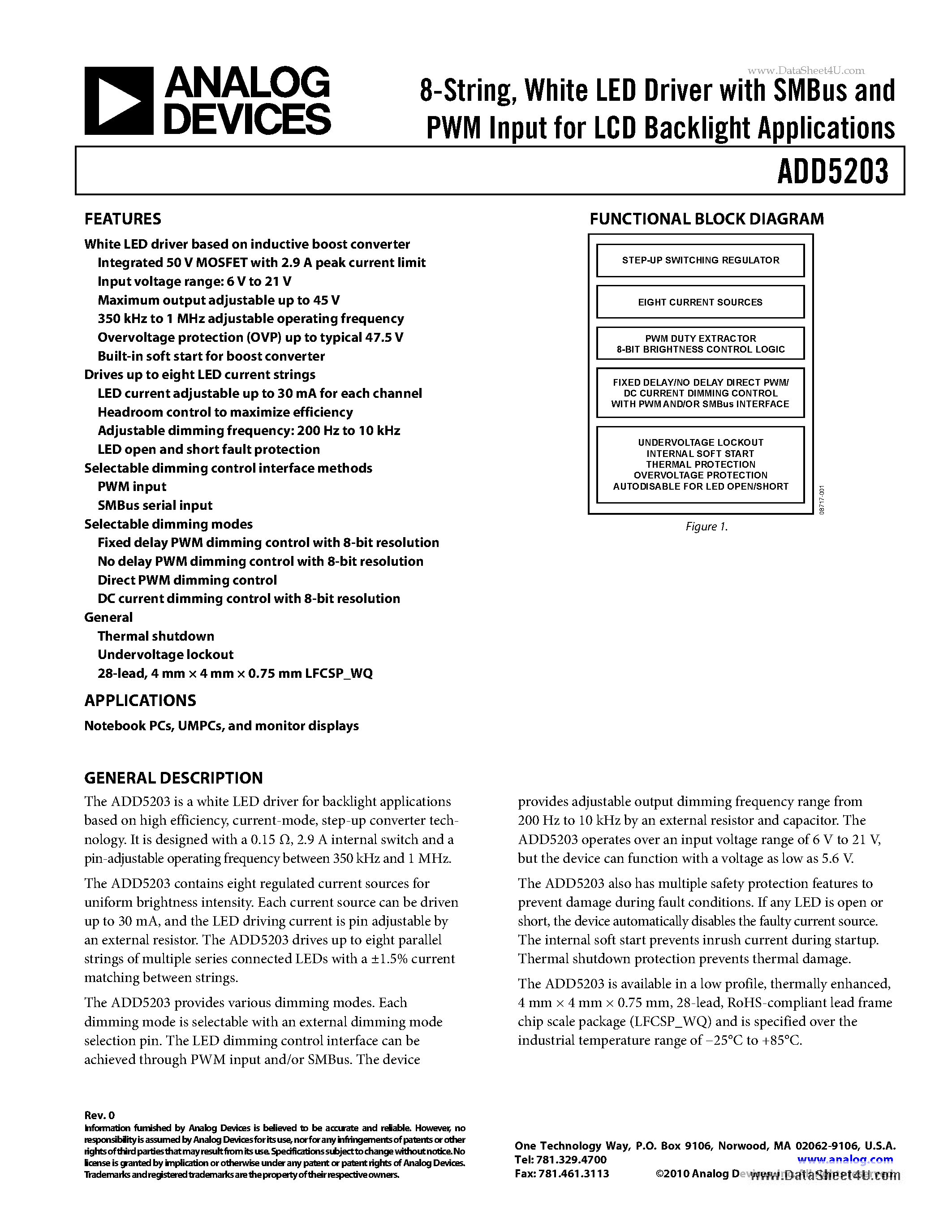 Datasheet ADD5203 - White LED Driver with SMBus and PWM Input page 1