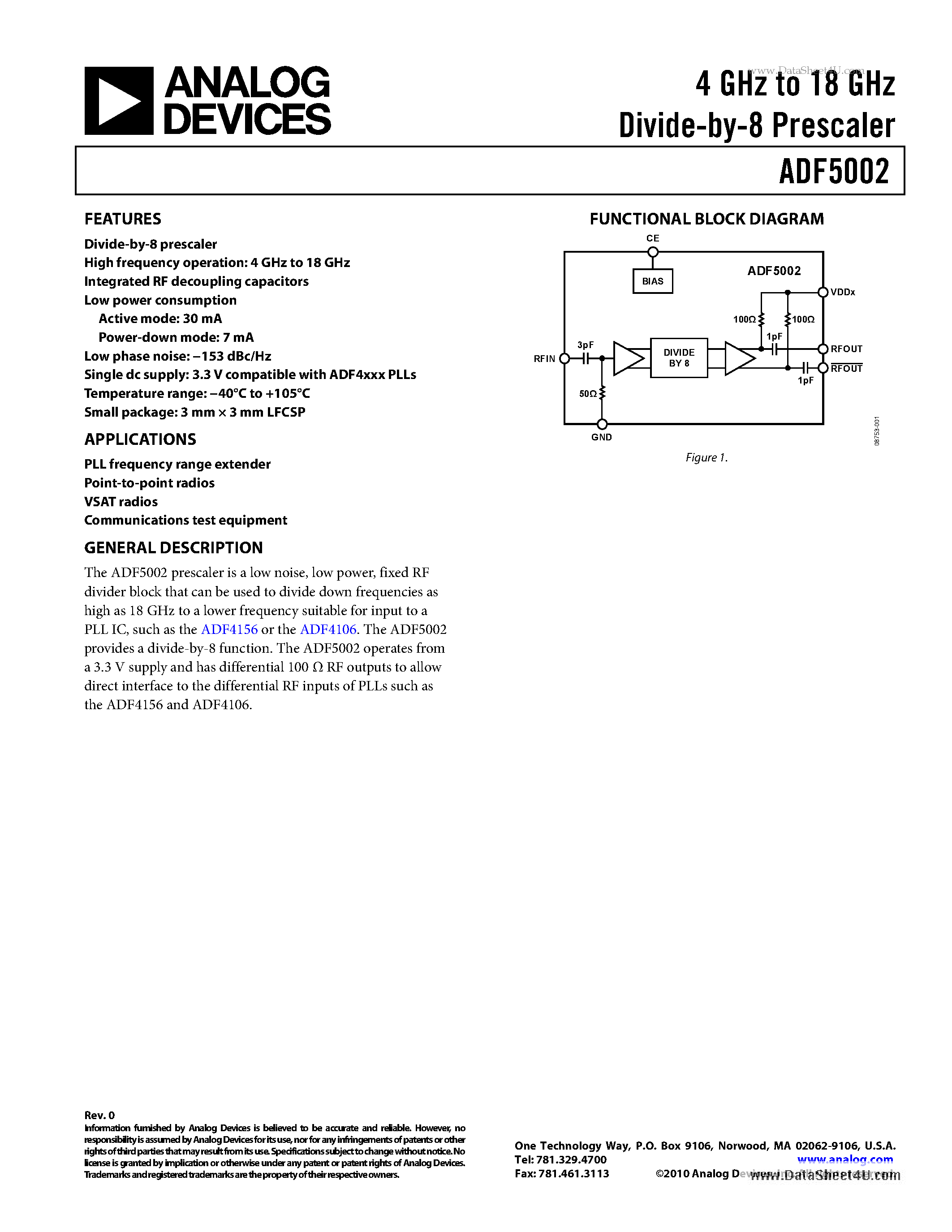 Datasheet ADF5002 - 4GHz to 18GHz Divide-by-8 Prescaler page 1