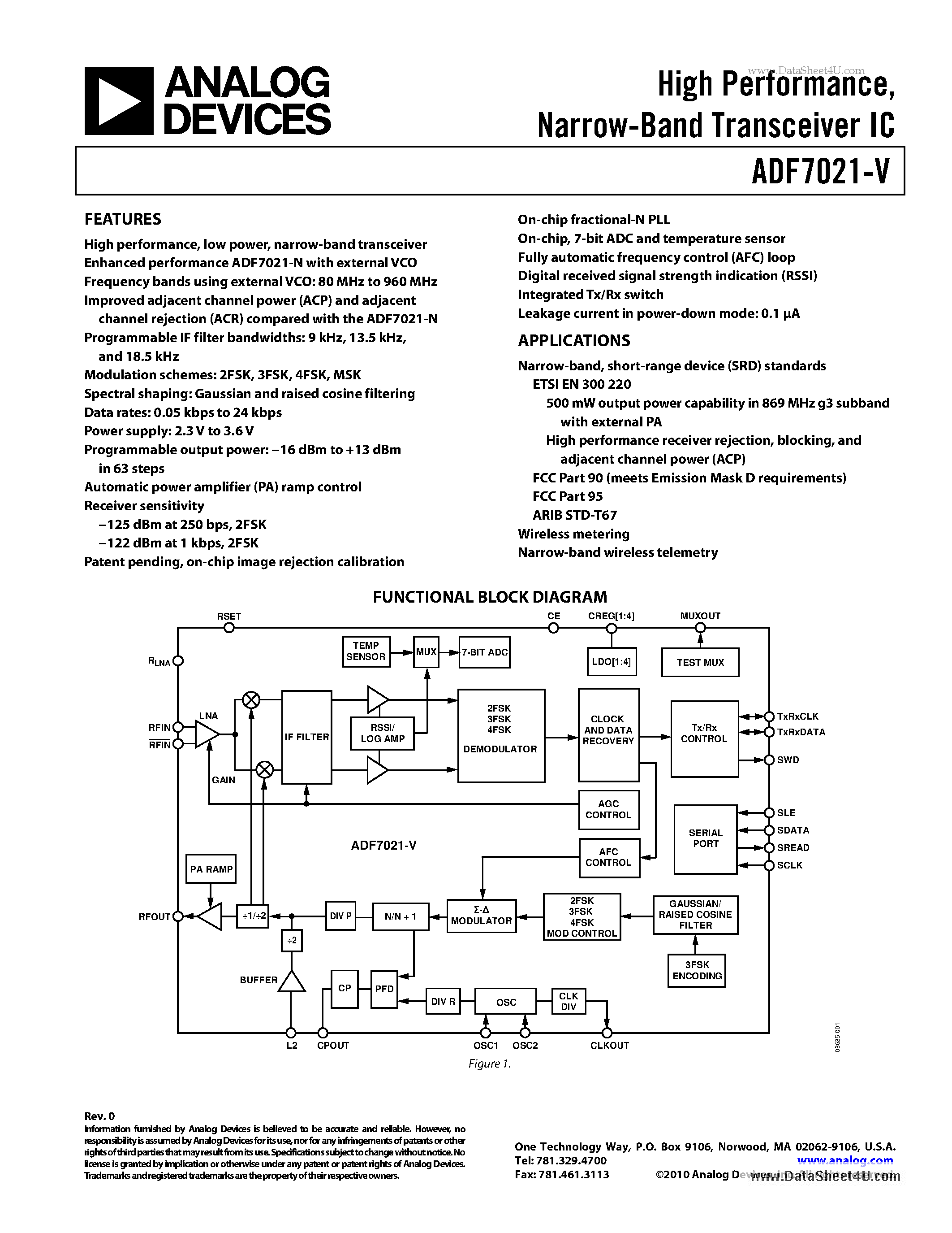 Datasheet ADF7021-V - HIgh Performance Narrow-Band Transceiver IC page 1