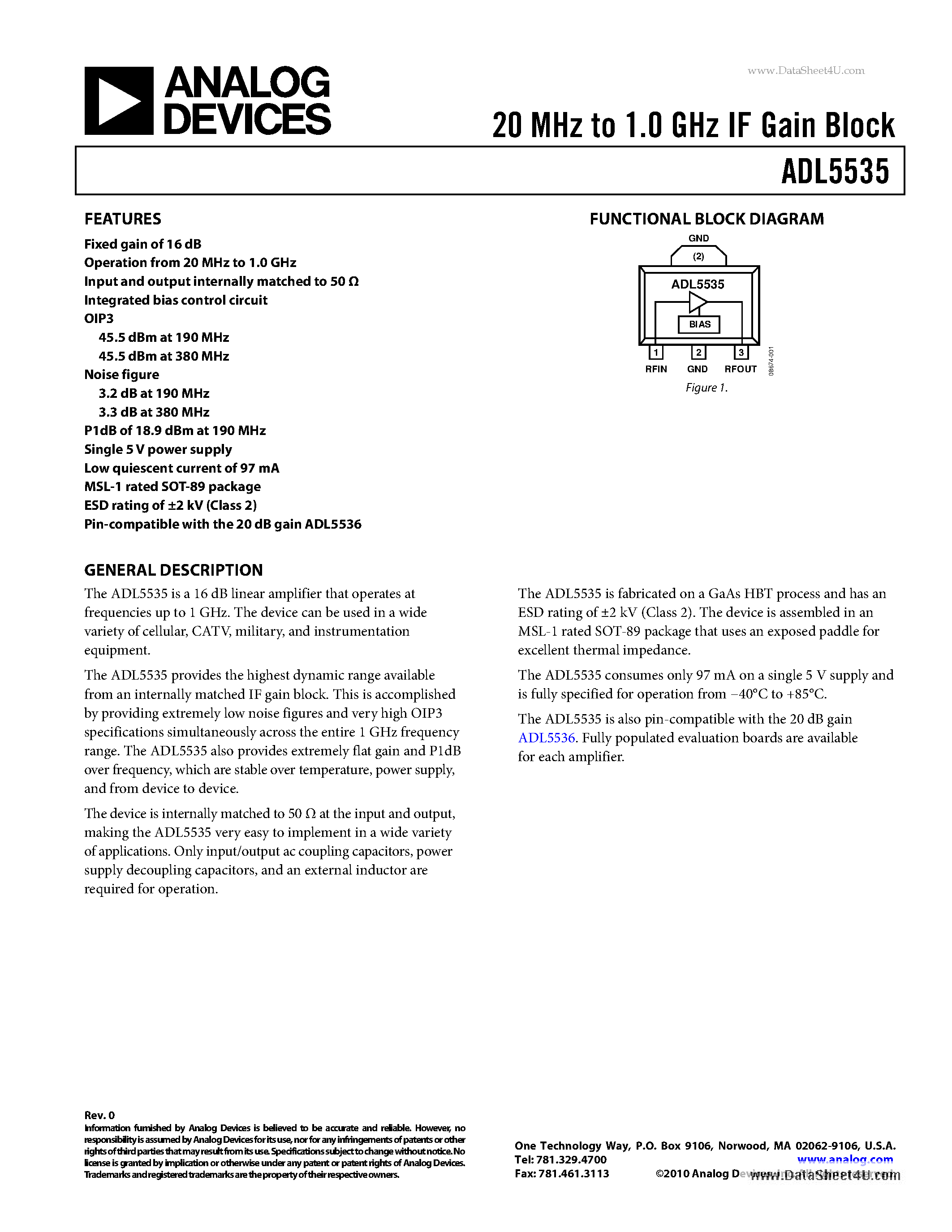 Datasheet ADL5535 - 20 MHz to 1.0 GHz IF Gain Block page 1