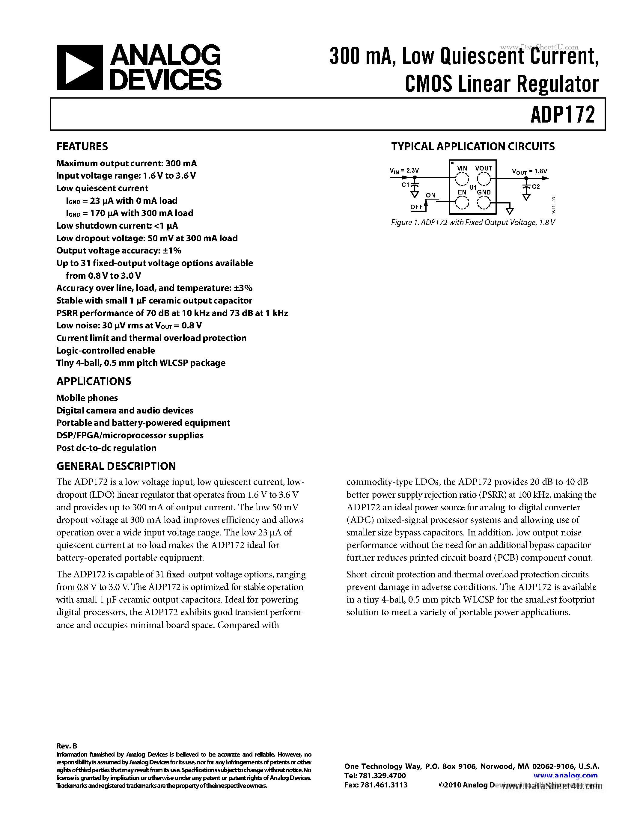 Datasheet ADP172 - Low Quiescent Current CMOS Linear Regulator page 1