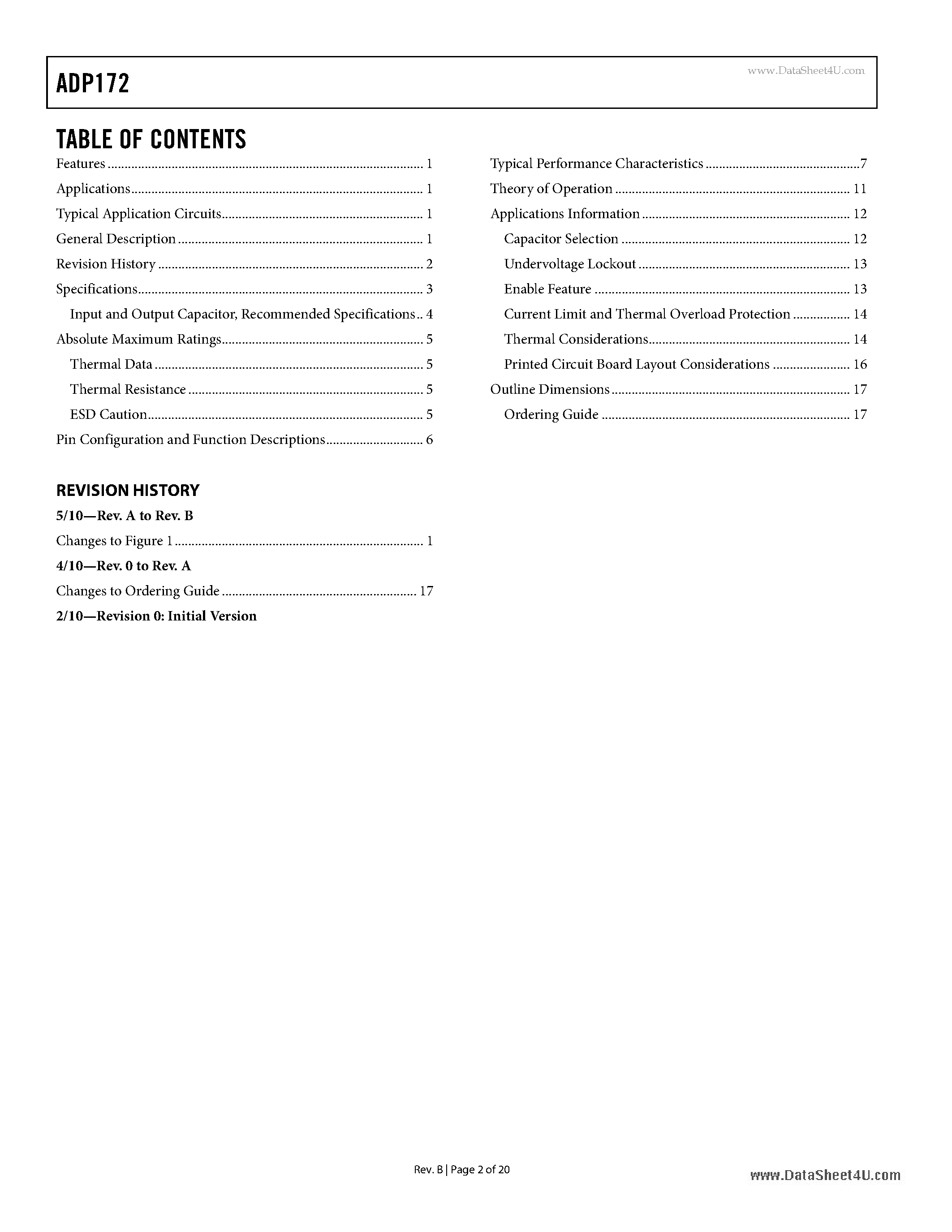 Datasheet ADP172 - Low Quiescent Current CMOS Linear Regulator page 2