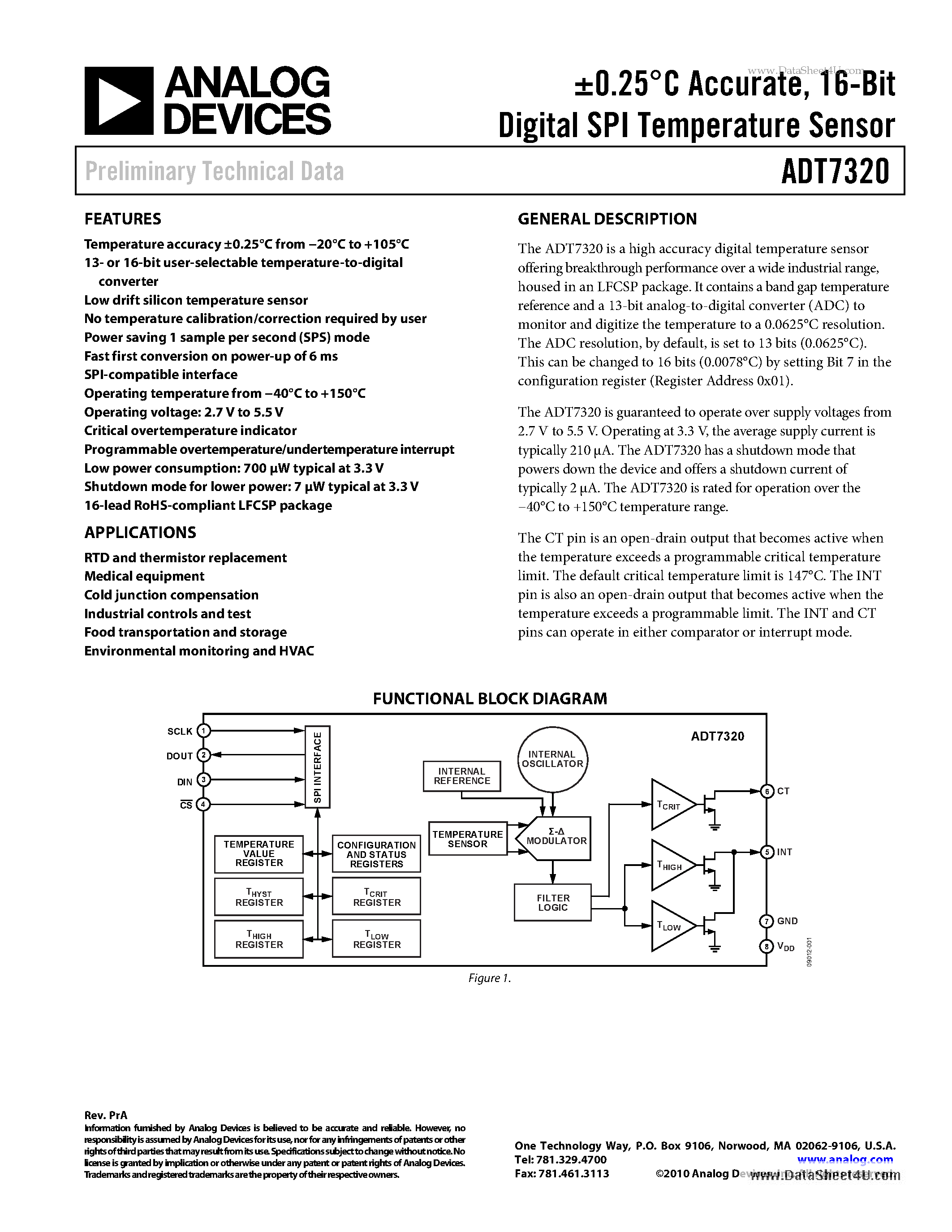 Даташит ADT7320 - 16-Bit Digital SPI Temperature Sensor страница 1