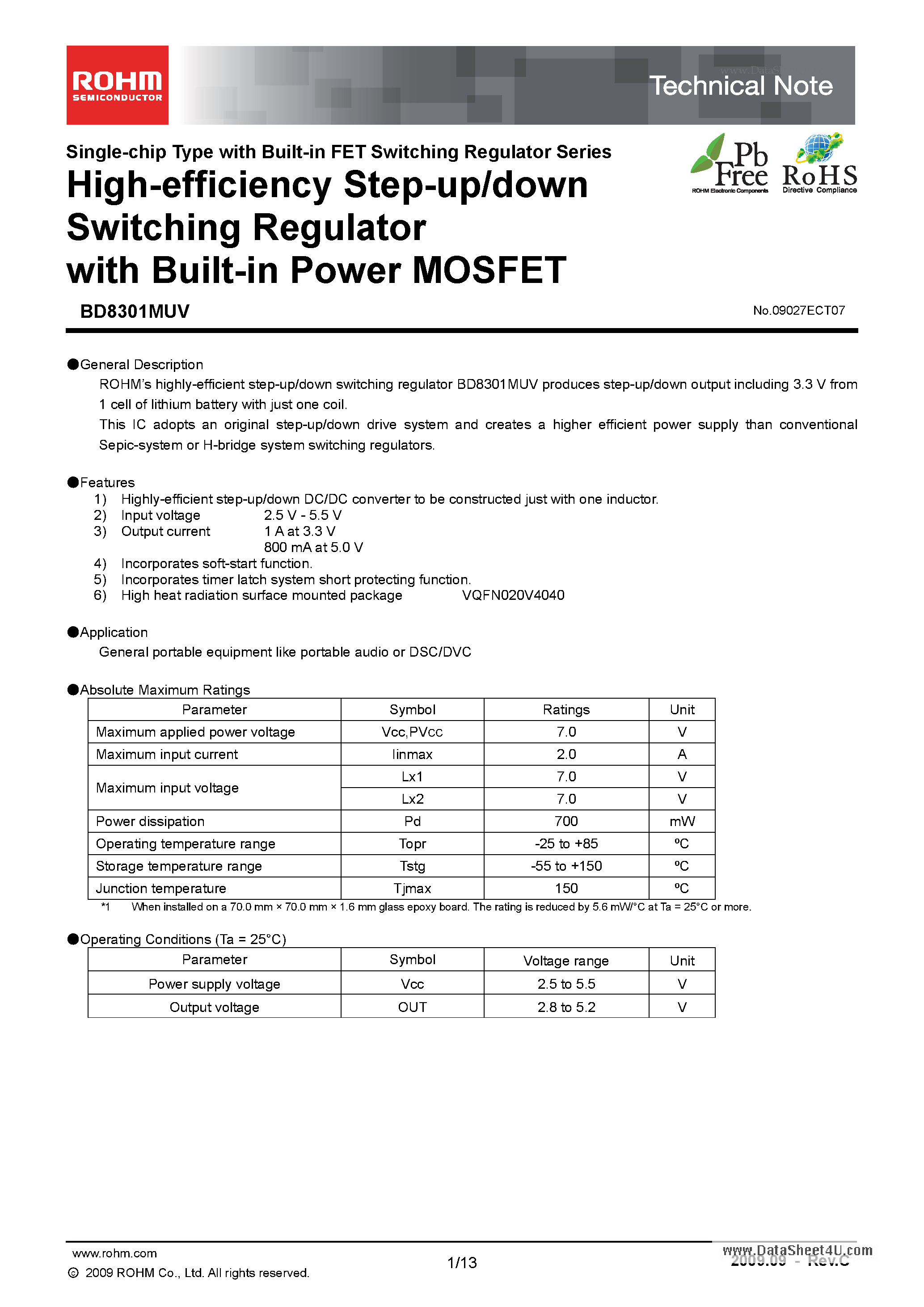 Даташит на микросхему BD8301MUV страница 1 Даташит BD8301MUV - High-effciency Step-up/down Switching Regulator страница 1