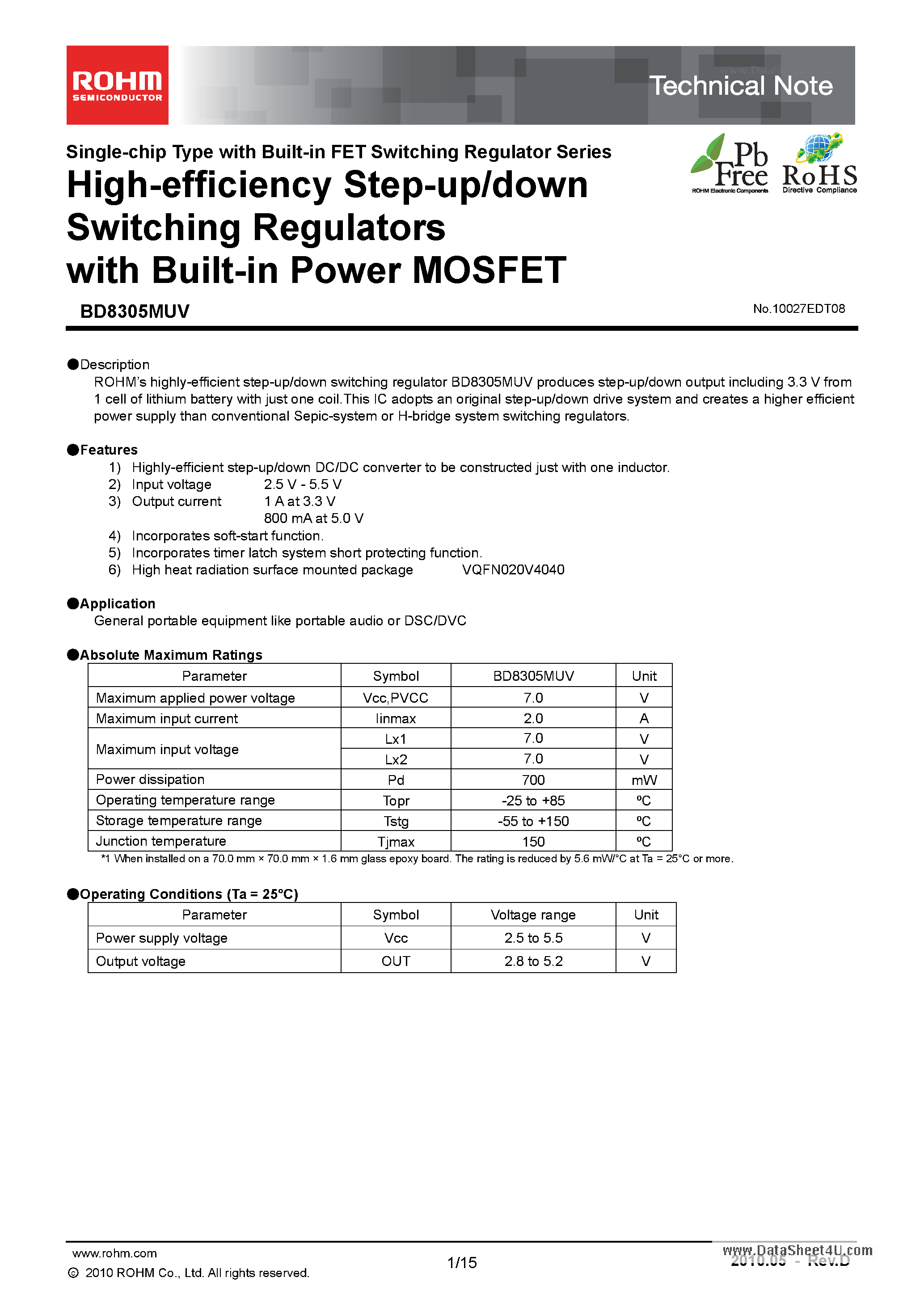 Даташит на микросхему BD8305MUV страница 1 Даташит BD8305MUV - High-effciency Step-up/down Switching Regulators страница 1