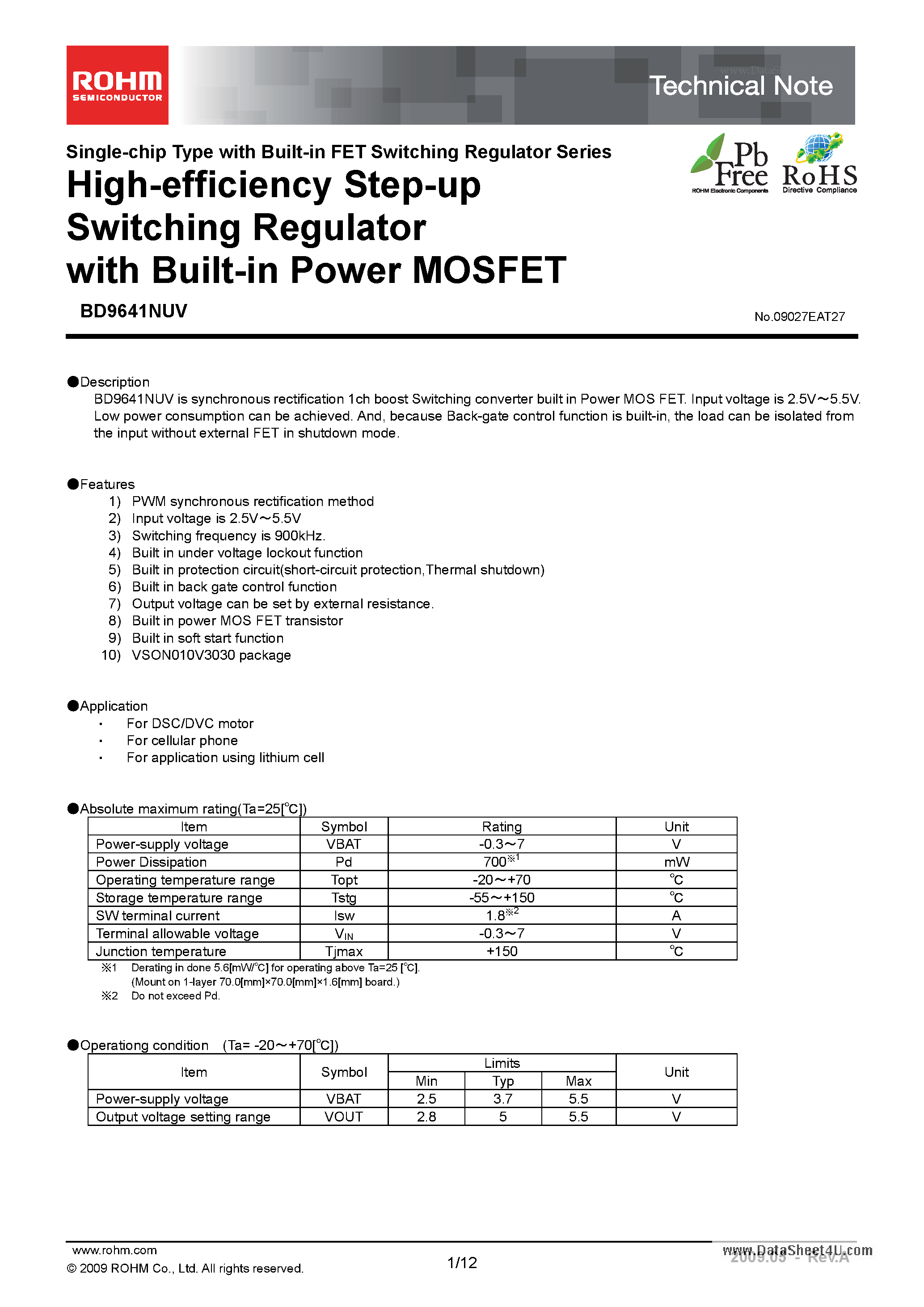 Даташит на микросхему BD9641NUV страница 1 Даташит BD9641NUV - High-efficiency Step-up Switching Regulator страница 1