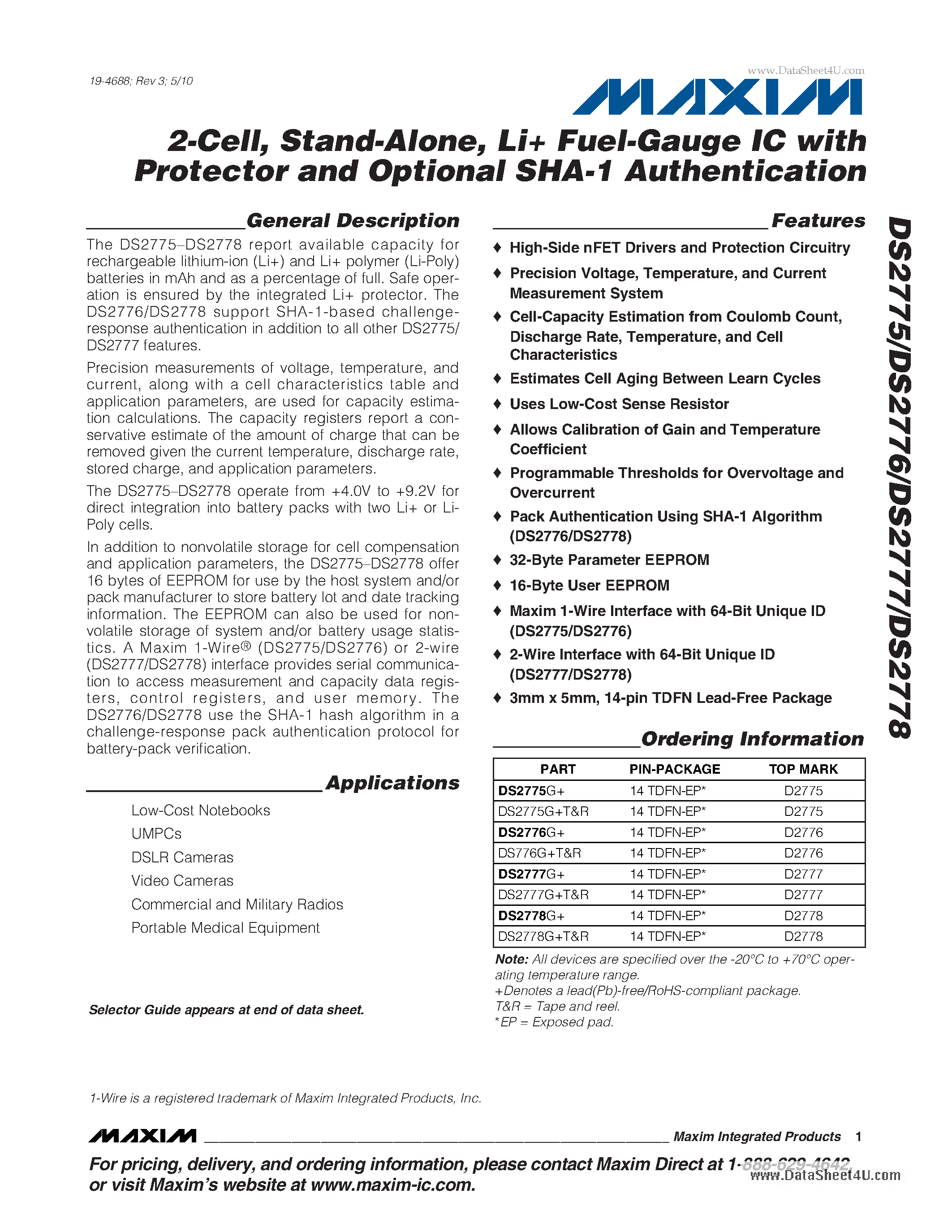 Datasheet DS2775 - 2-Cell Stand-Alone Li+ Fuel-Gauge IC page 1