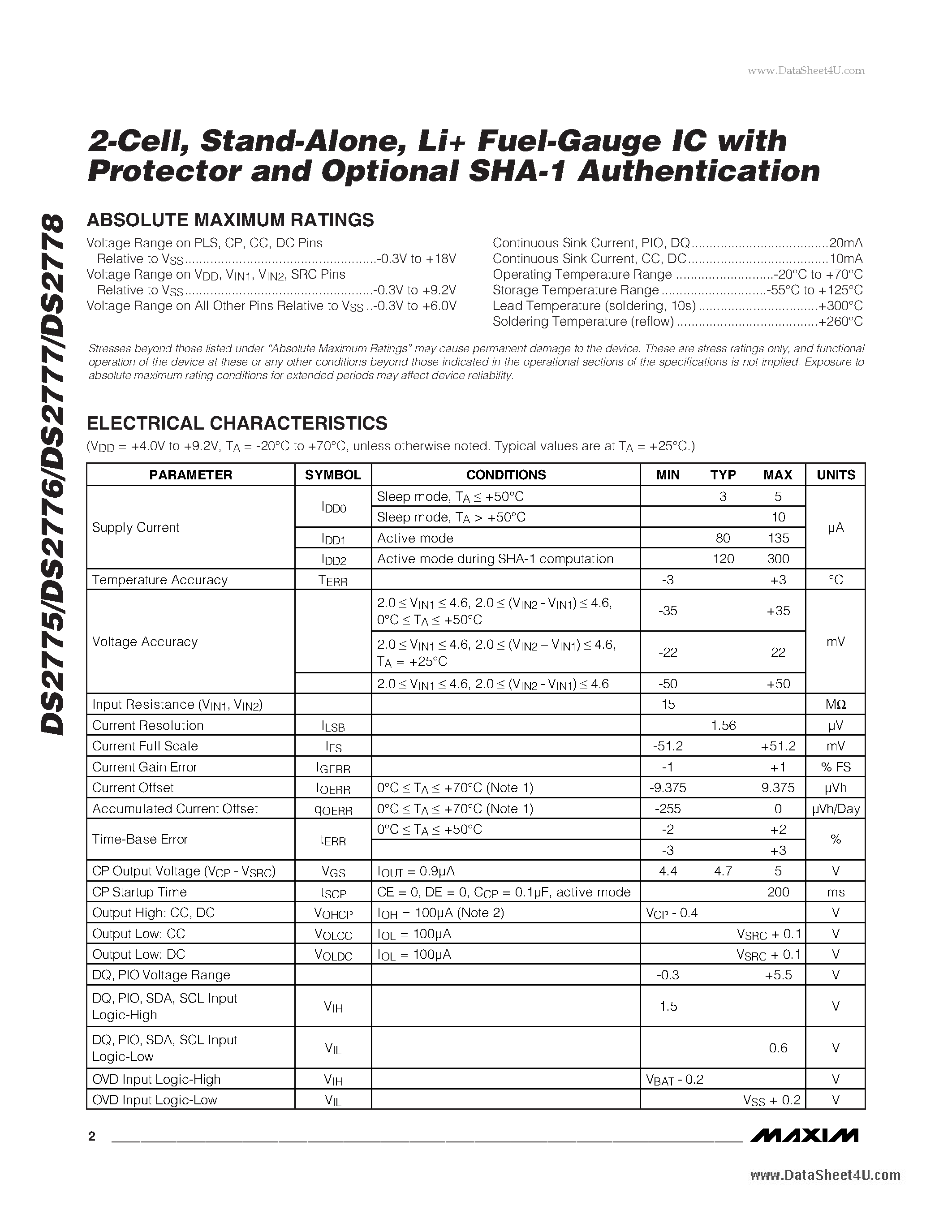 Datasheet DS2775 - 2-Cell Stand-Alone Li+ Fuel-Gauge IC page 2