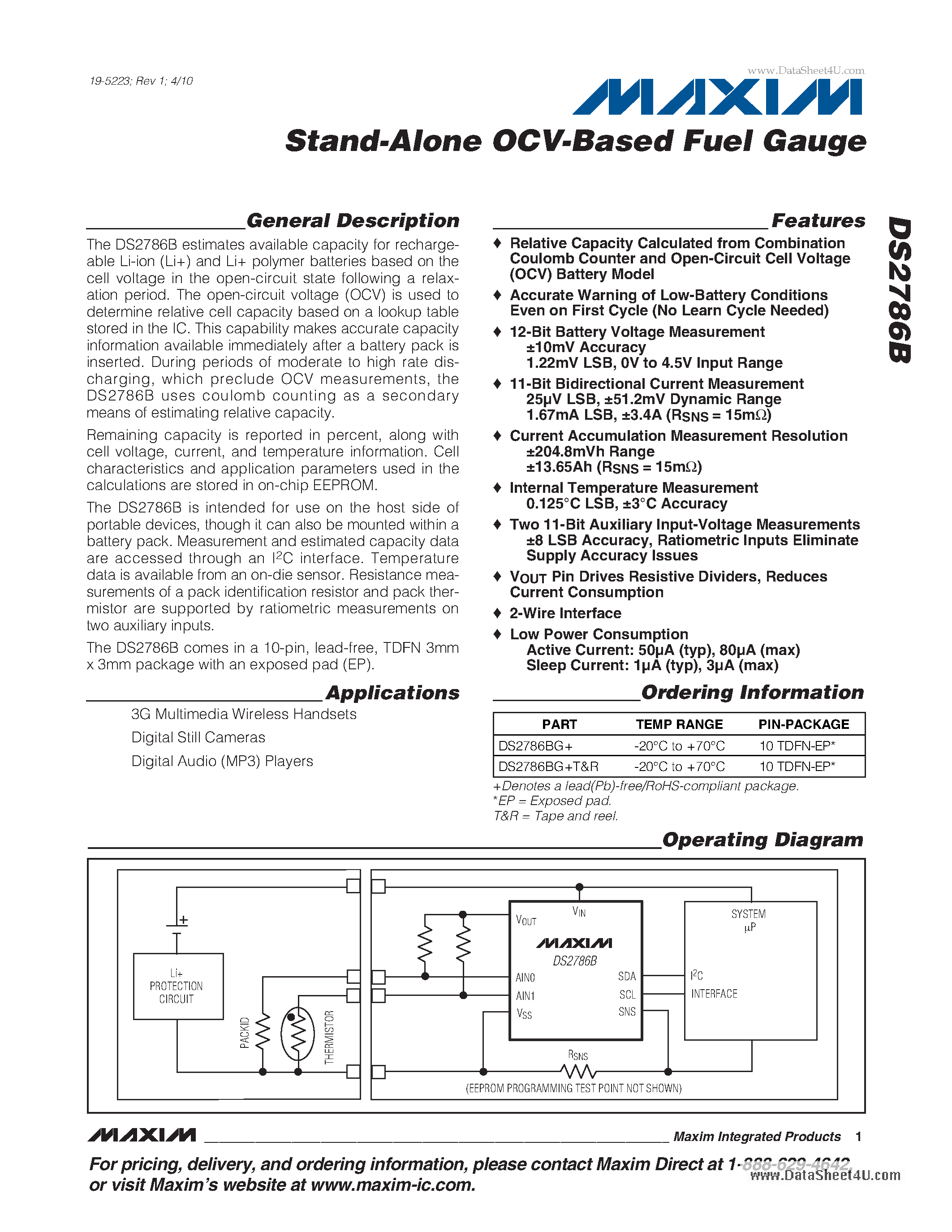 Datasheet DS2786B - Stand-Alone OCV-Based Fuel Gauge page 1
