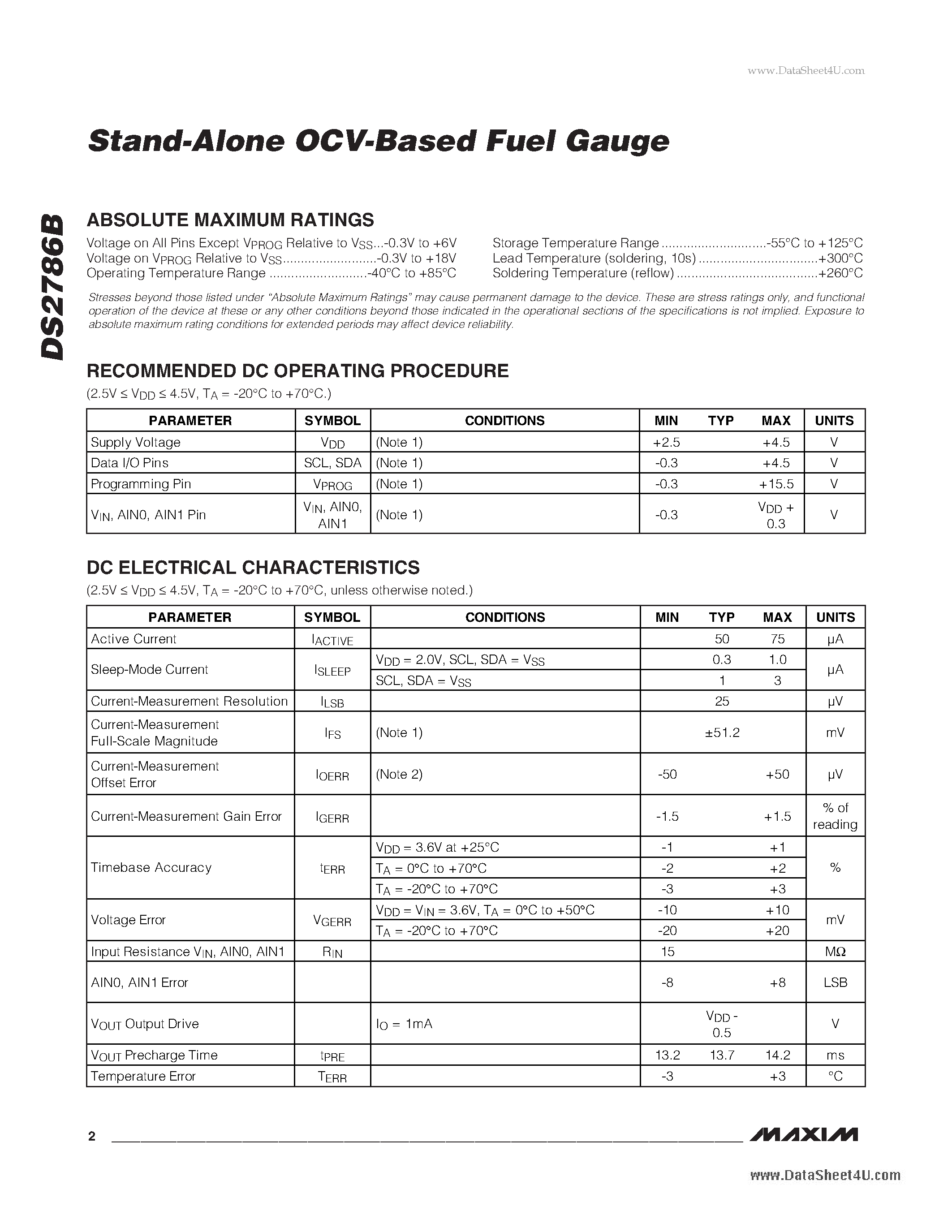 Datasheet DS2786B - Stand-Alone OCV-Based Fuel Gauge page 2