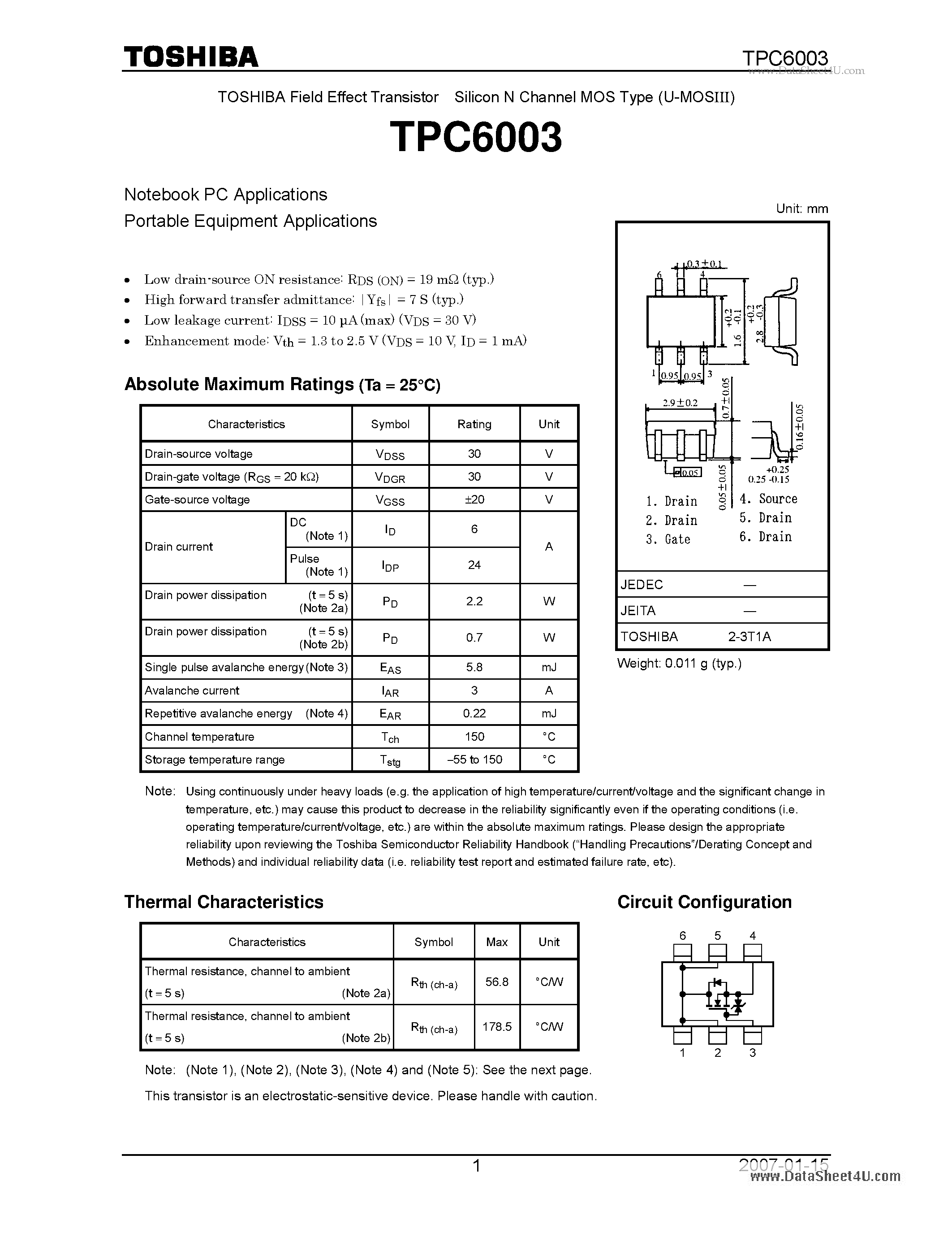 Даташит на микросхему TPC6003 страница 1 Даташит TPC6003 - Silicon N Channel MOS Type (U-MOSIII) страница 1