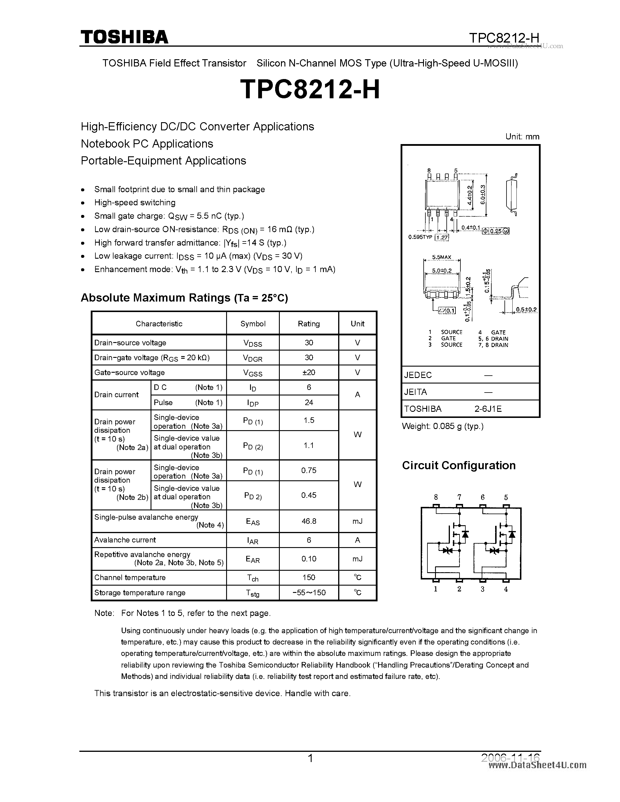 Datasheet TPC8212-H - High-Efficiency DC/DC Converter Applications page 1